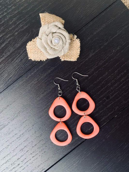 Peach extra long dangle fashion earrings Tagua nut jewelry Statement drops Boho mod hoops Anniversary gifts for wife Summer fashion trends