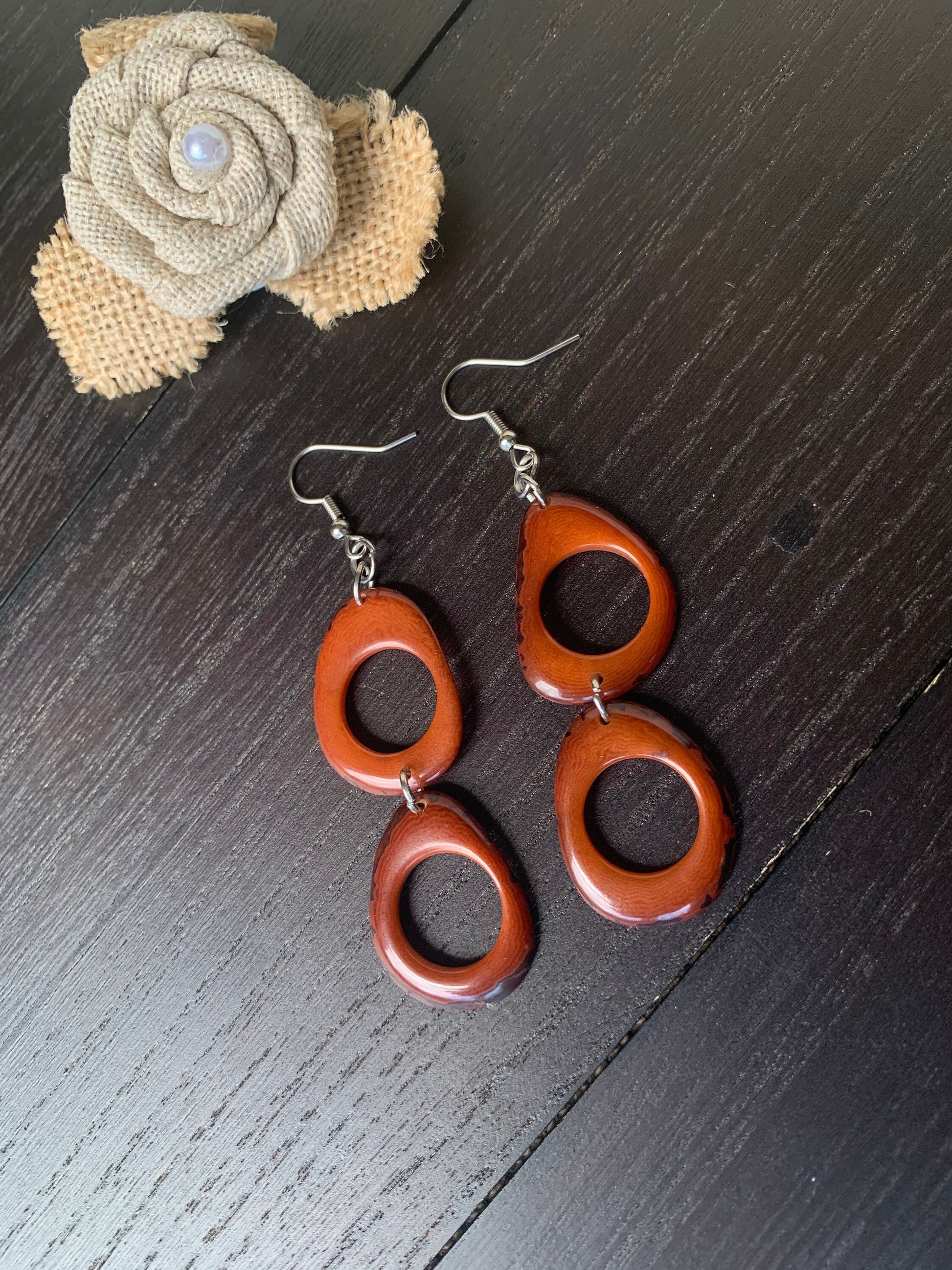 Brown extra long dangle fashion earrings Tagua nut jewelry Statement drops Boho mod hoops Anniversary gifts for wife Fall fashion trends