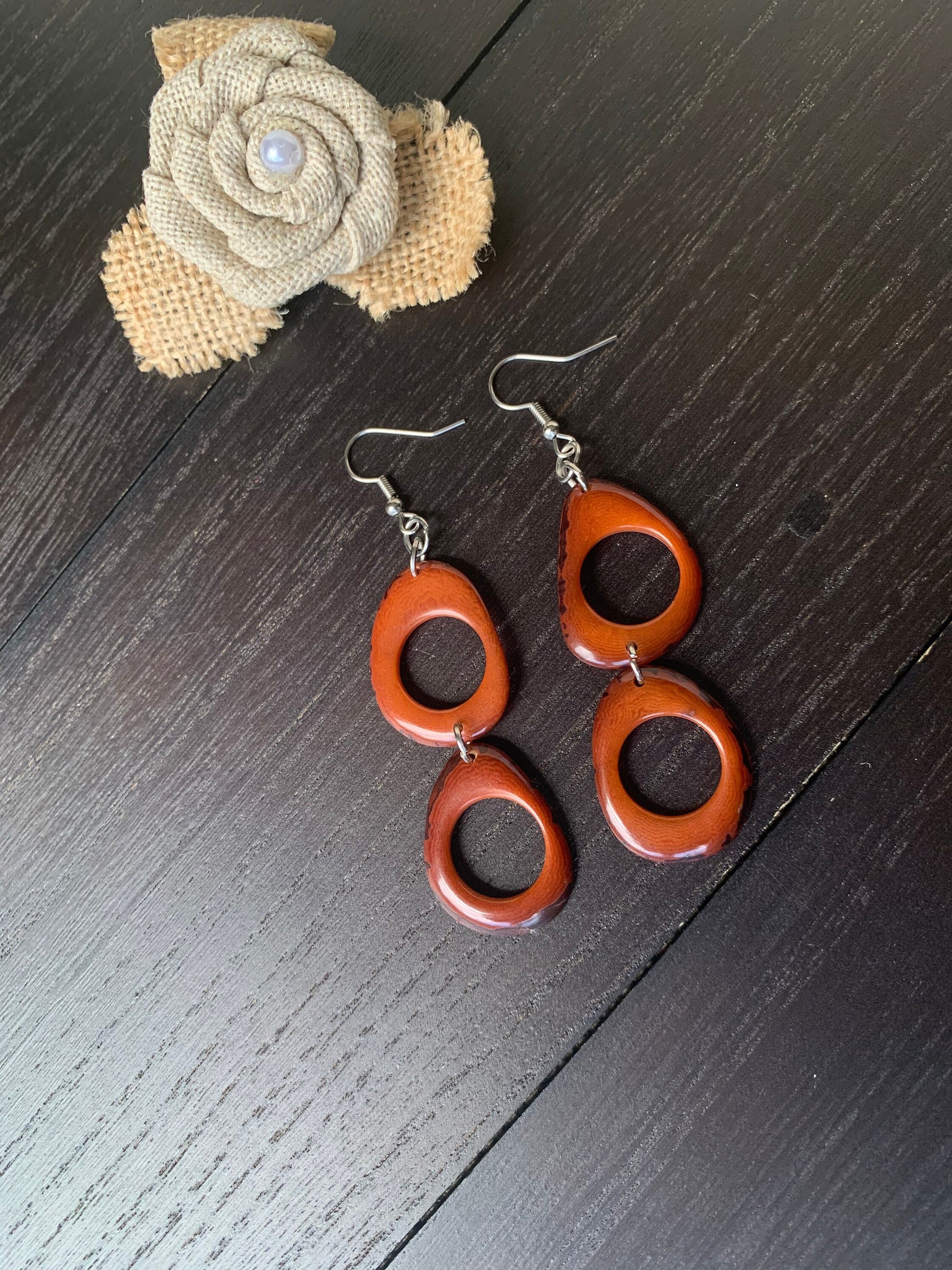 Brown extra long dangle fashion earrings Tagua nut jewelry Statement drops Boho mod hoops Anniversary gifts for wife Fall fashion trends