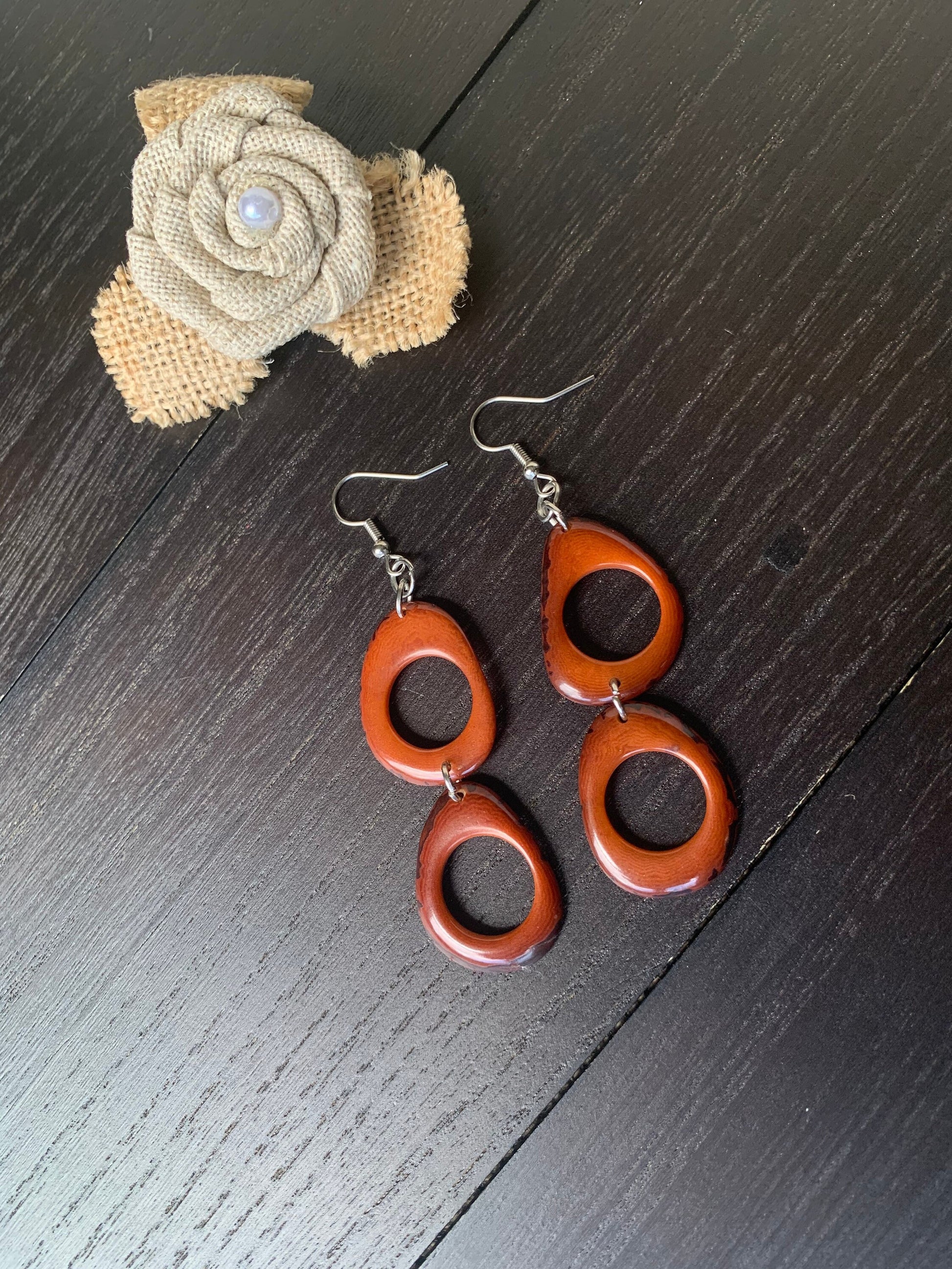 Brown extra long dangle fashion earrings Tagua nut jewelry Statement drops Boho mod hoops Anniversary gifts for wife Fall fashion trends