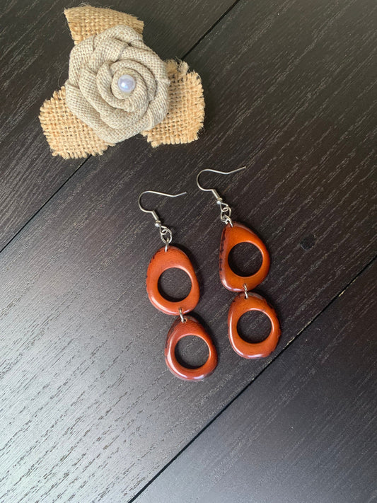 Brown extra long dangle fashion earrings Tagua nut jewelry Statement drops Boho mod hoops Anniversary gifts for wife Fall fashion trends