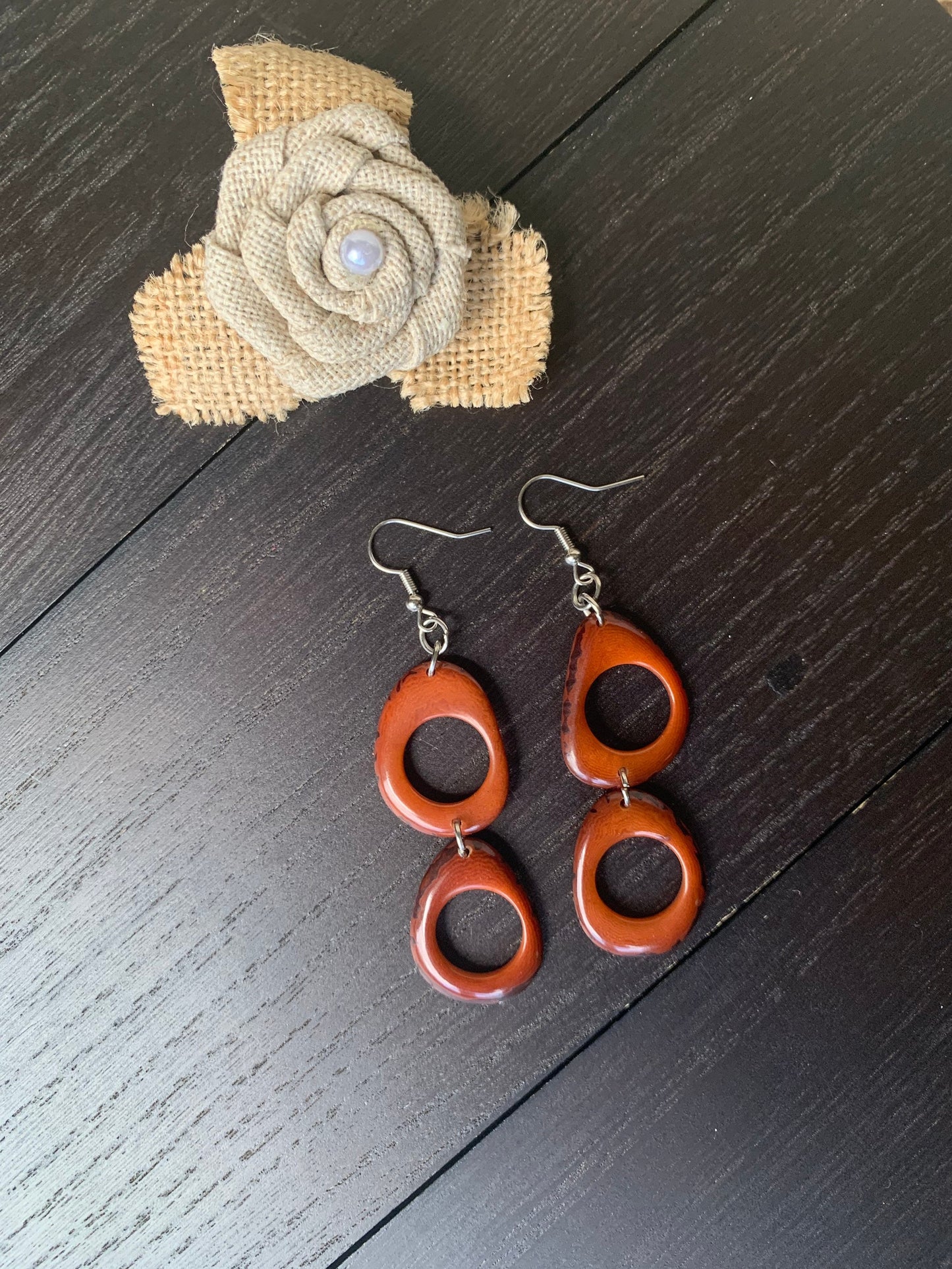 Brown extra long dangle fashion earrings Tagua nut jewelry Statement drops Boho mod hoops Anniversary gifts for wife Fall fashion trends