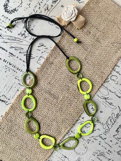 Green Adjustable Tagua nut necklace Anniversary gift for wife Statement geometric jewelry Donut beads Fall fashion trend Christmas gifts