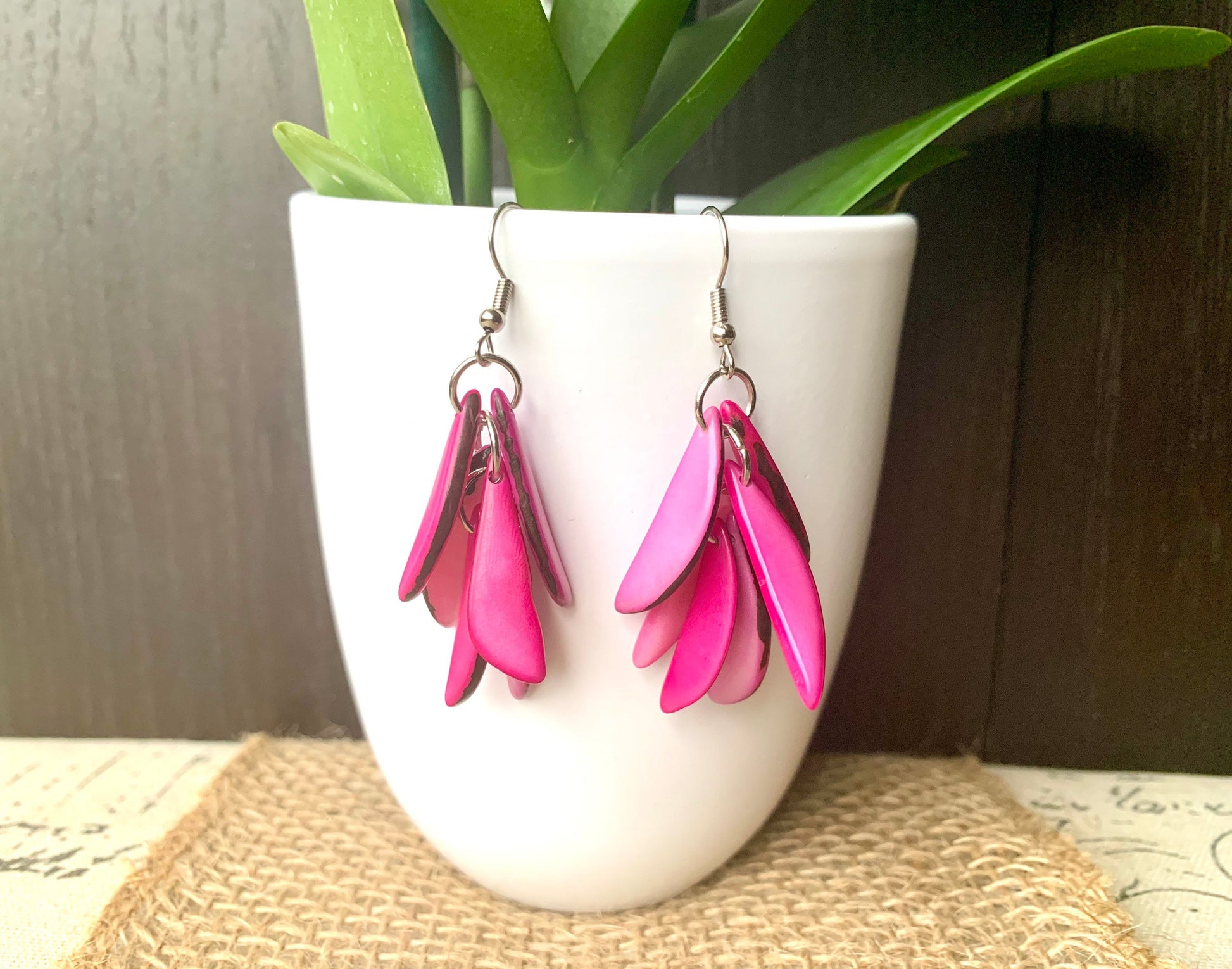 Pink statement dangle earrings Extra chunky tagua earrings beaded Spring fashion jewelry Casual trendy drops Boho mod style Artisan handmade