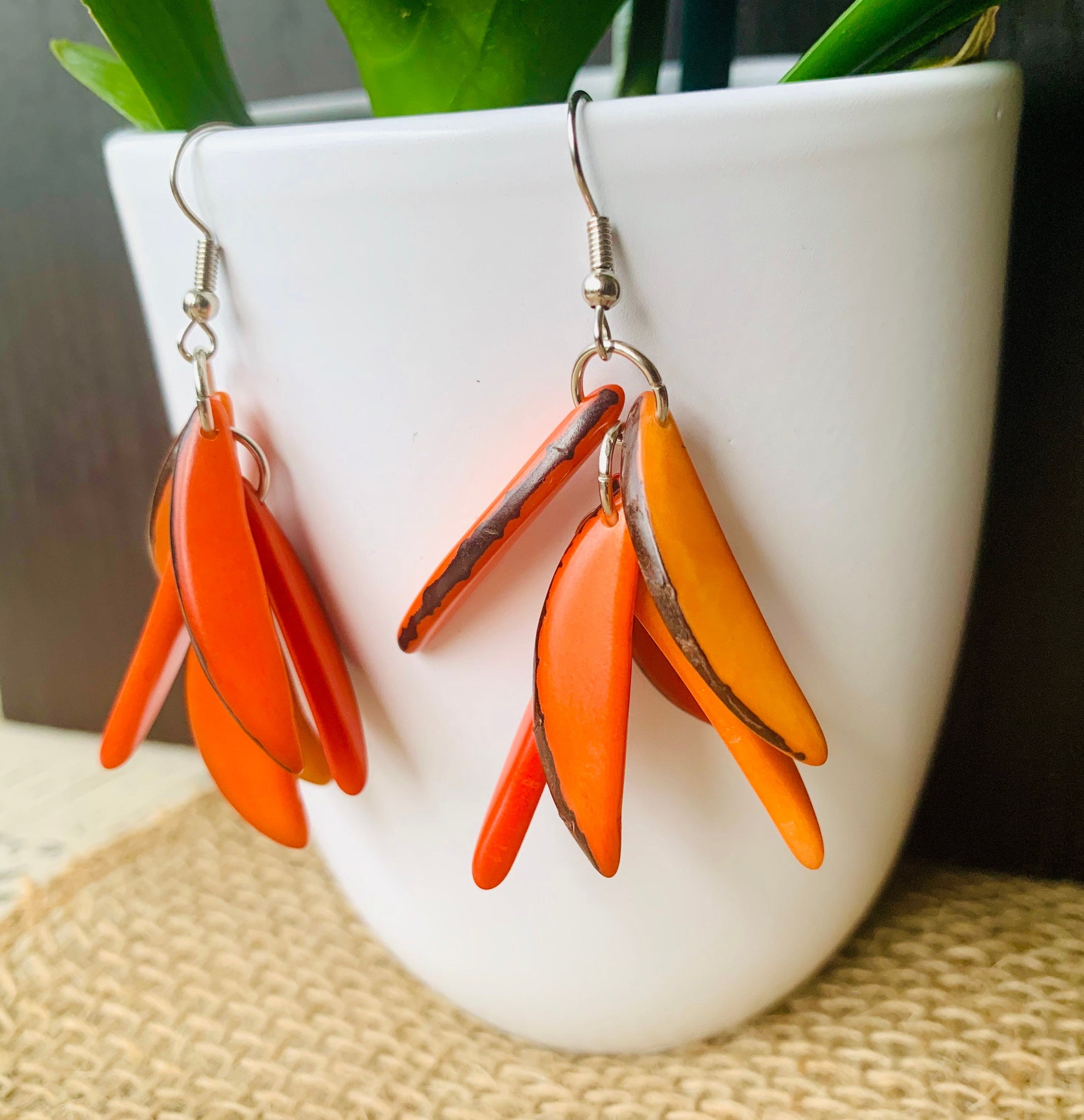 Orange extra chunky earrings Statement fashion tagua earrings Spring trendy jewelry Casual dangle drops Boho mod style Artisan handmade