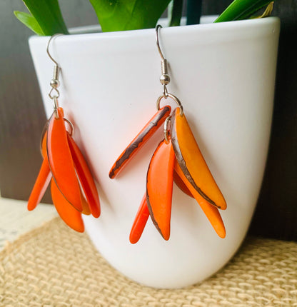 Orange extra chunky earrings Statement fashion tagua earrings Spring trendy jewelry Casual dangle drops Boho mod style Artisan handmade