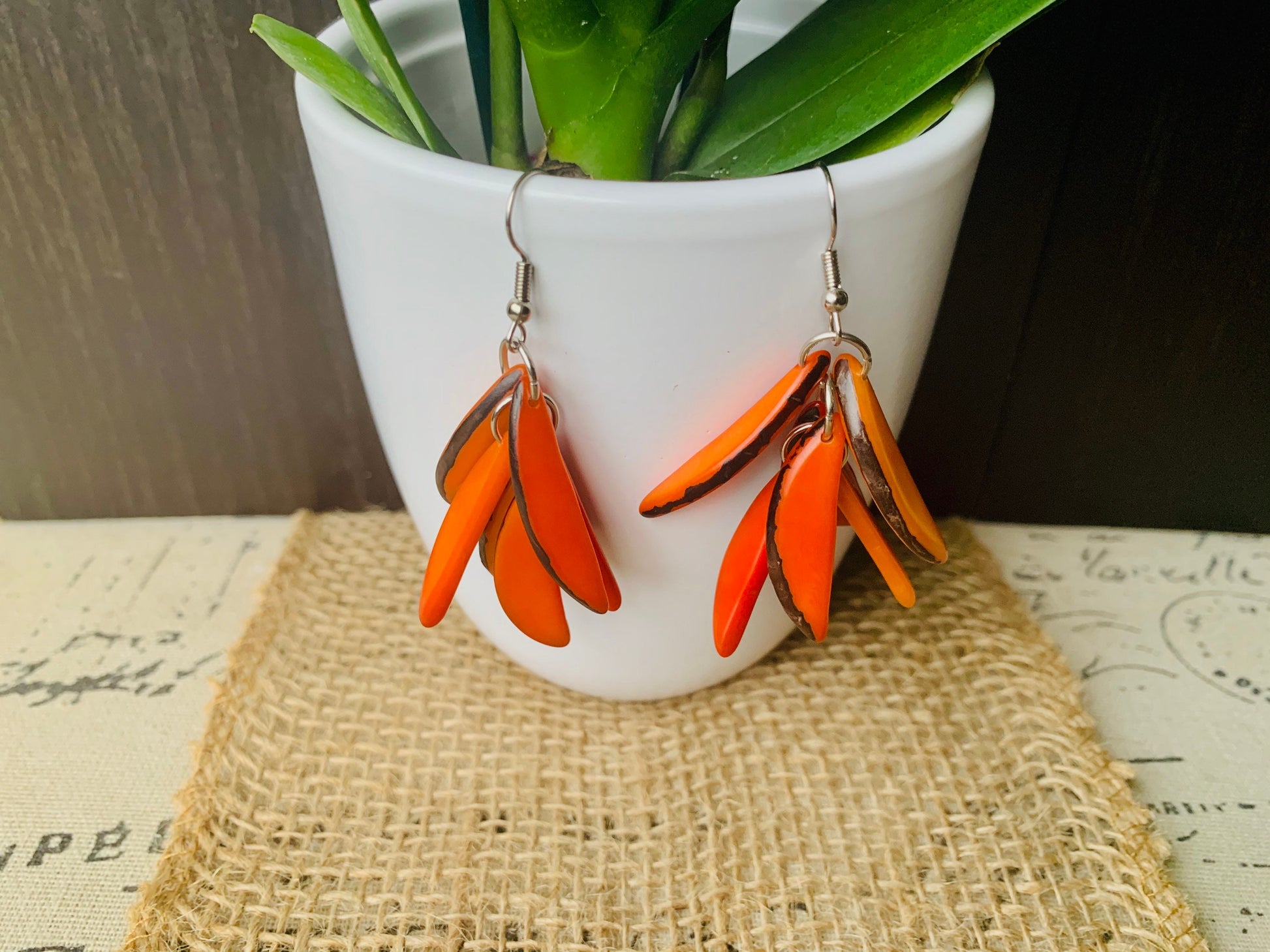 Orange extra chunky earrings Statement fashion tagua earrings Spring trendy jewelry Casual dangle drops Boho mod style Artisan handmade