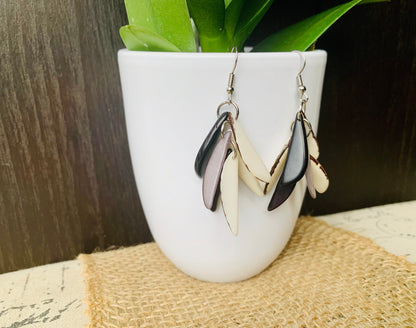 Black white and gray fashion earrings Extra chunky tagua earrings beaded Fall trendy jewelry Casual drops Boho mod style Anniversary gifts