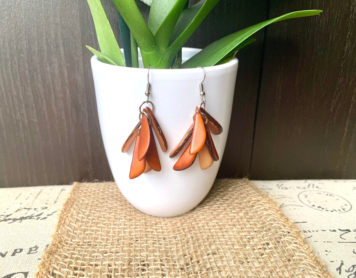 Brown statement dangle earrings Extra chunky tagua earrings Fall fashion jewelry Casual trendy drops Boho mod style Beach stylish trends