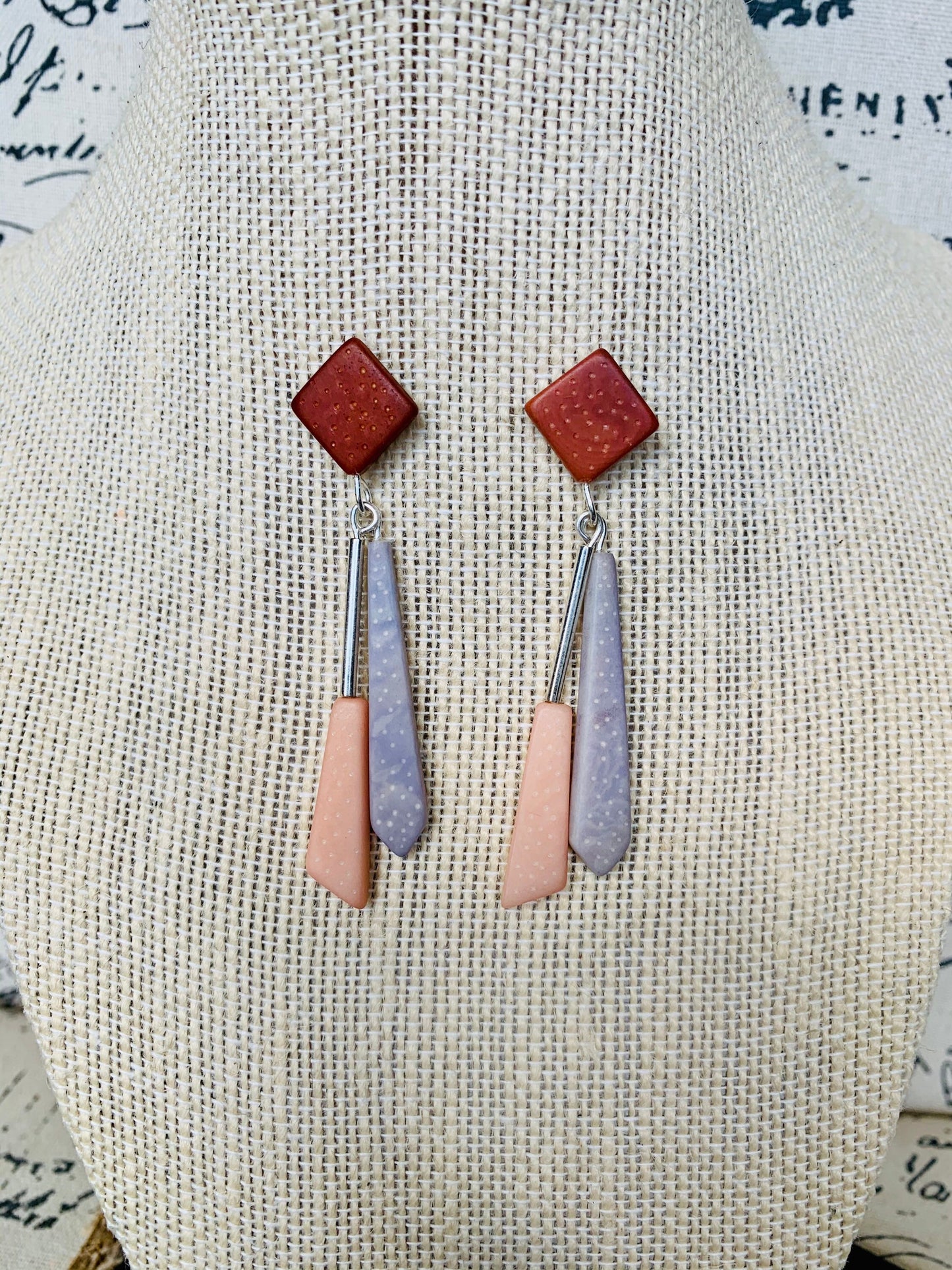 Long modern dangle earrings Geometric drops Tagua nut jewelry Brown peach and gray earrings Christmas gifts Anniversary present for wife