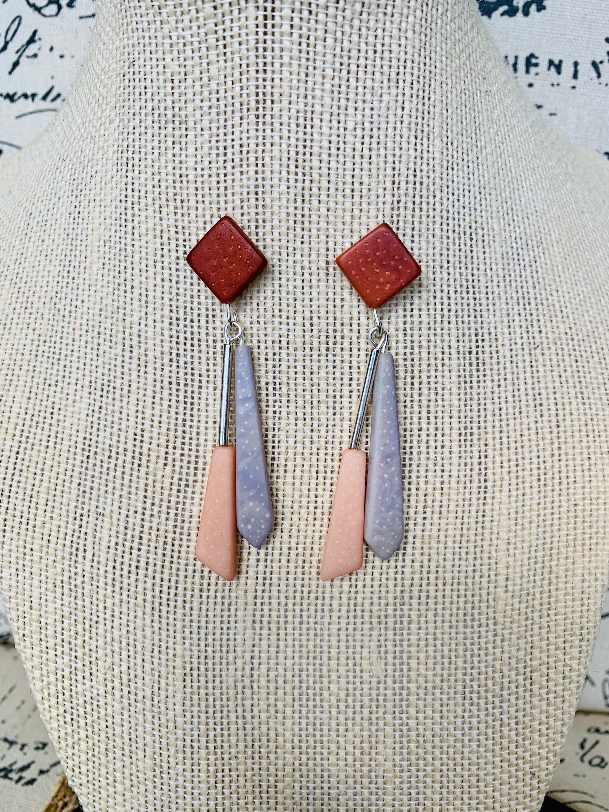 Long modern dangle earrings Geometric drops Tagua nut jewelry Brown peach and gray earrings Christmas gifts Anniversary present for wife