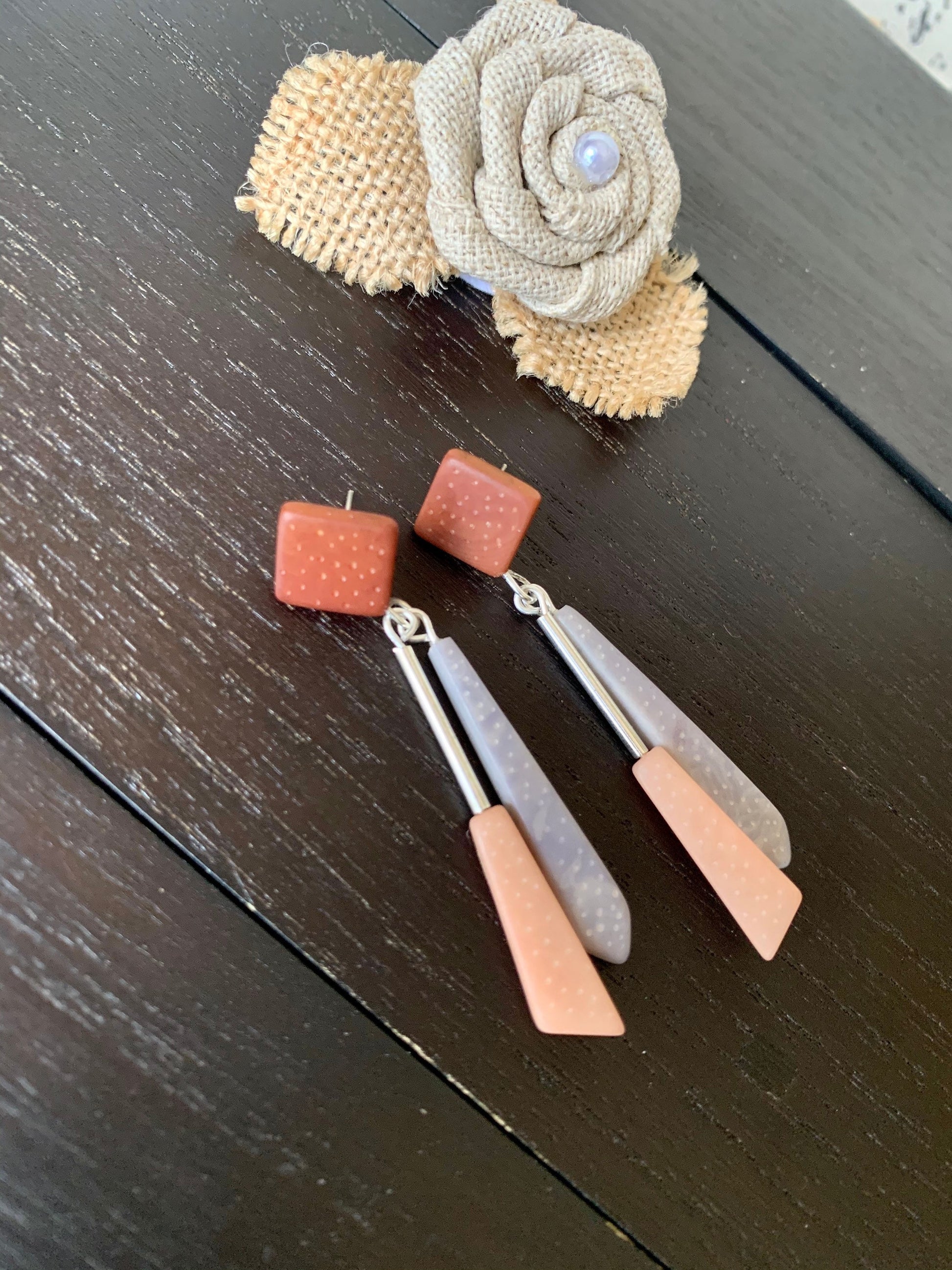 Long modern dangle earrings Geometric drops Tagua nut jewelry Brown peach and gray earrings Christmas gifts Anniversary present for wife