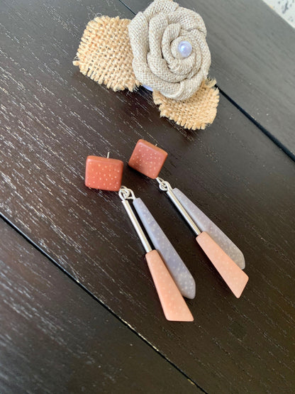 Long modern dangle earrings Geometric drops Tagua nut jewelry Brown peach and gray earrings Christmas gifts Anniversary present for wife