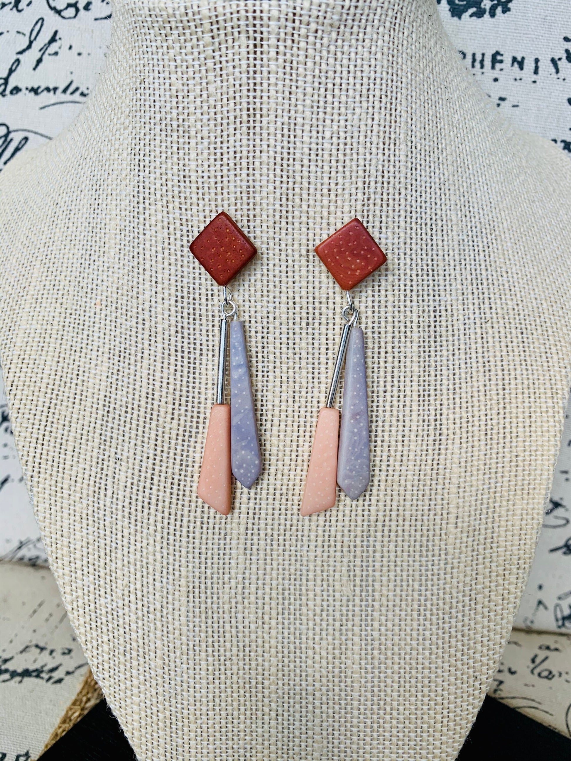 Long modern dangle earrings Geometric drops Tagua nut jewelry Brown peach and gray earrings Christmas gifts Anniversary present for wife