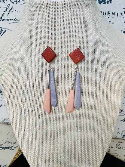 Long modern dangle earrings Geometric drops Tagua nut jewelry Brown peach and gray earrings Christmas gifts Anniversary present for wife