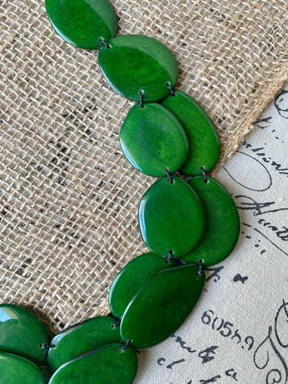 Green statement necklace Tagua nut jewelry Beach fashion Big bold chunky necklace Anniversary gifts for wife Multi layer leather collar