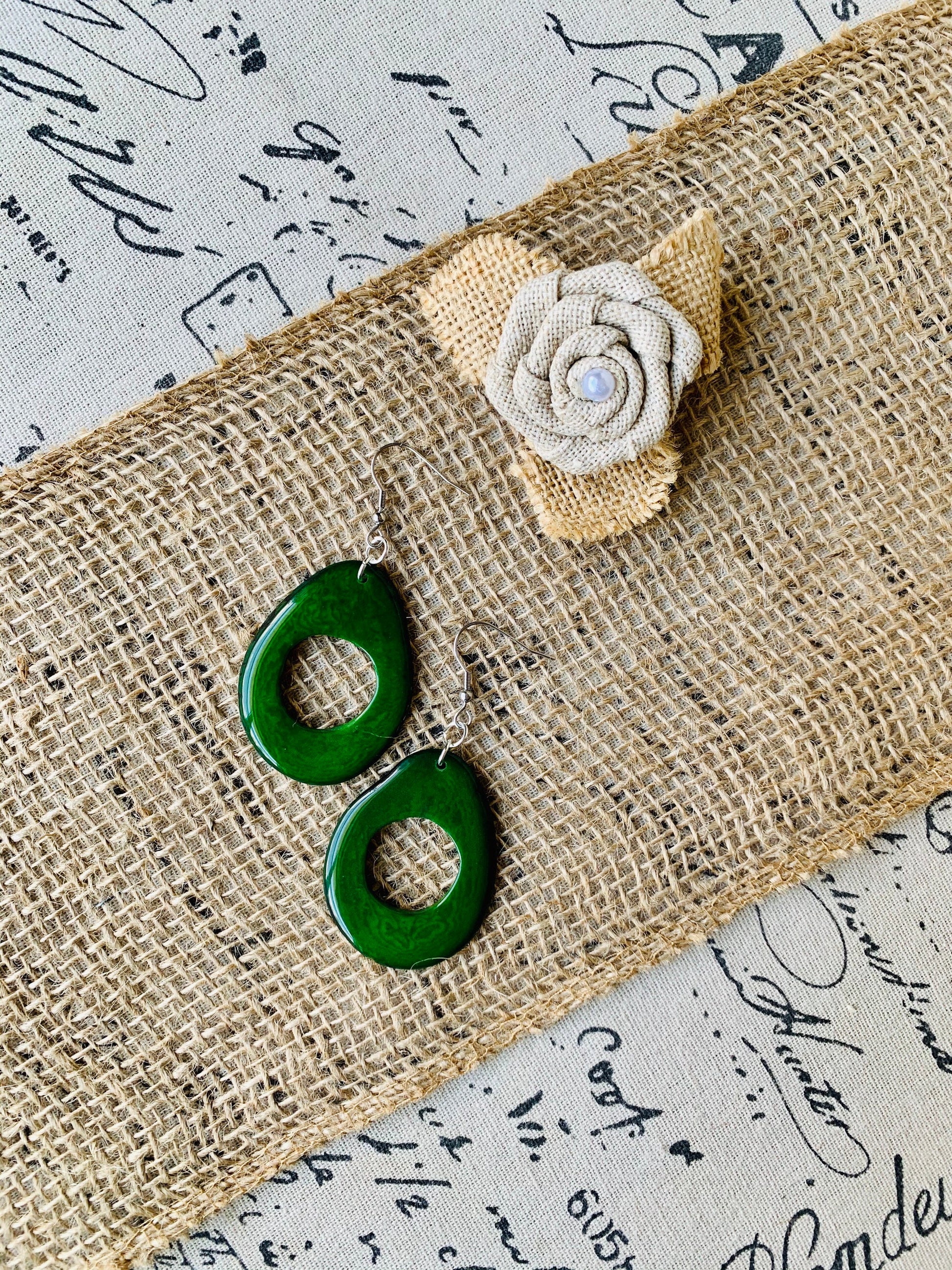 Big dark green earrings Tagua earrings Boho mod earrings Spring trendy jewelry Oversized huge bead earrings Hoop dangles Mother’s Day gifts