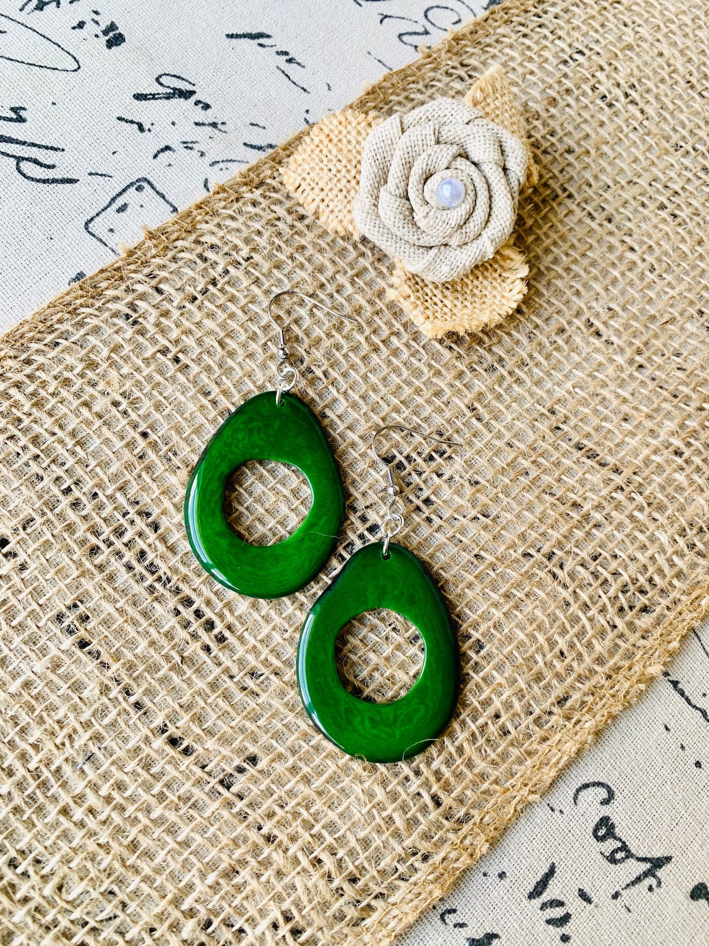 Big dark green earrings Tagua earrings Boho mod earrings Spring trendy jewelry Oversized huge bead earrings Hoop dangles Mother’s Day gifts