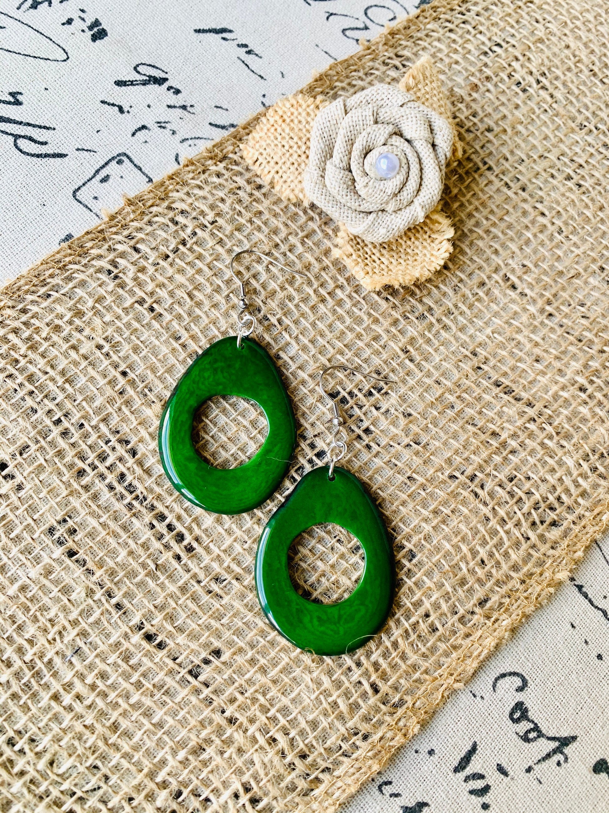 Big dark green earrings Tagua earrings Boho mod earrings Spring trendy jewelry Oversized huge bead earrings Hoop dangles Mother’s Day gifts