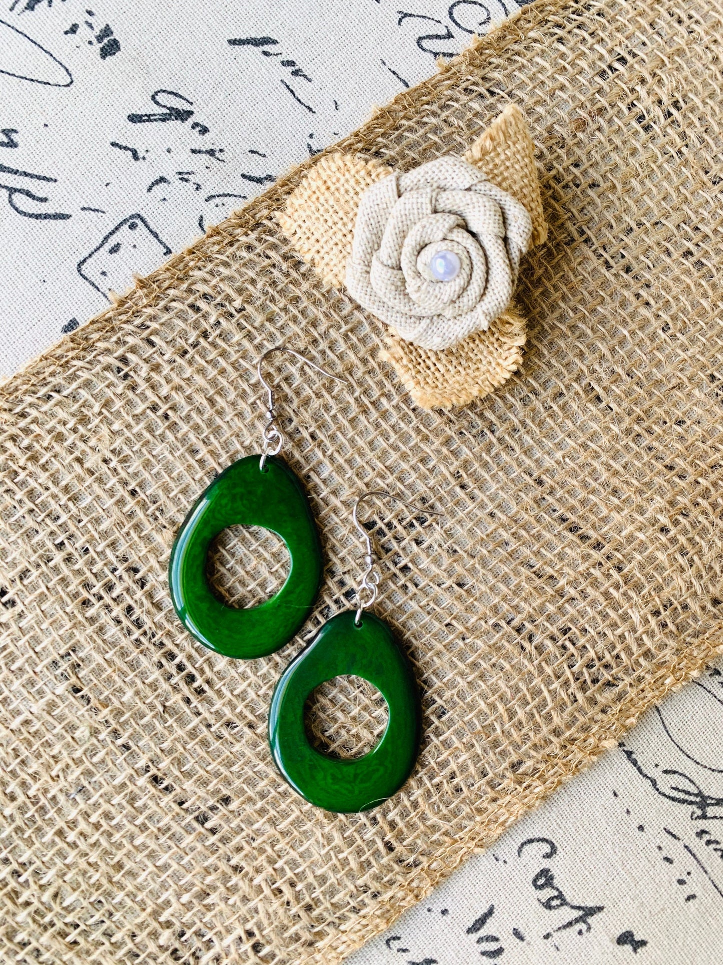 Big dark green earrings Tagua earrings Boho mod earrings Spring trendy jewelry Oversized huge bead earrings Hoop dangles Mother’s Day gifts