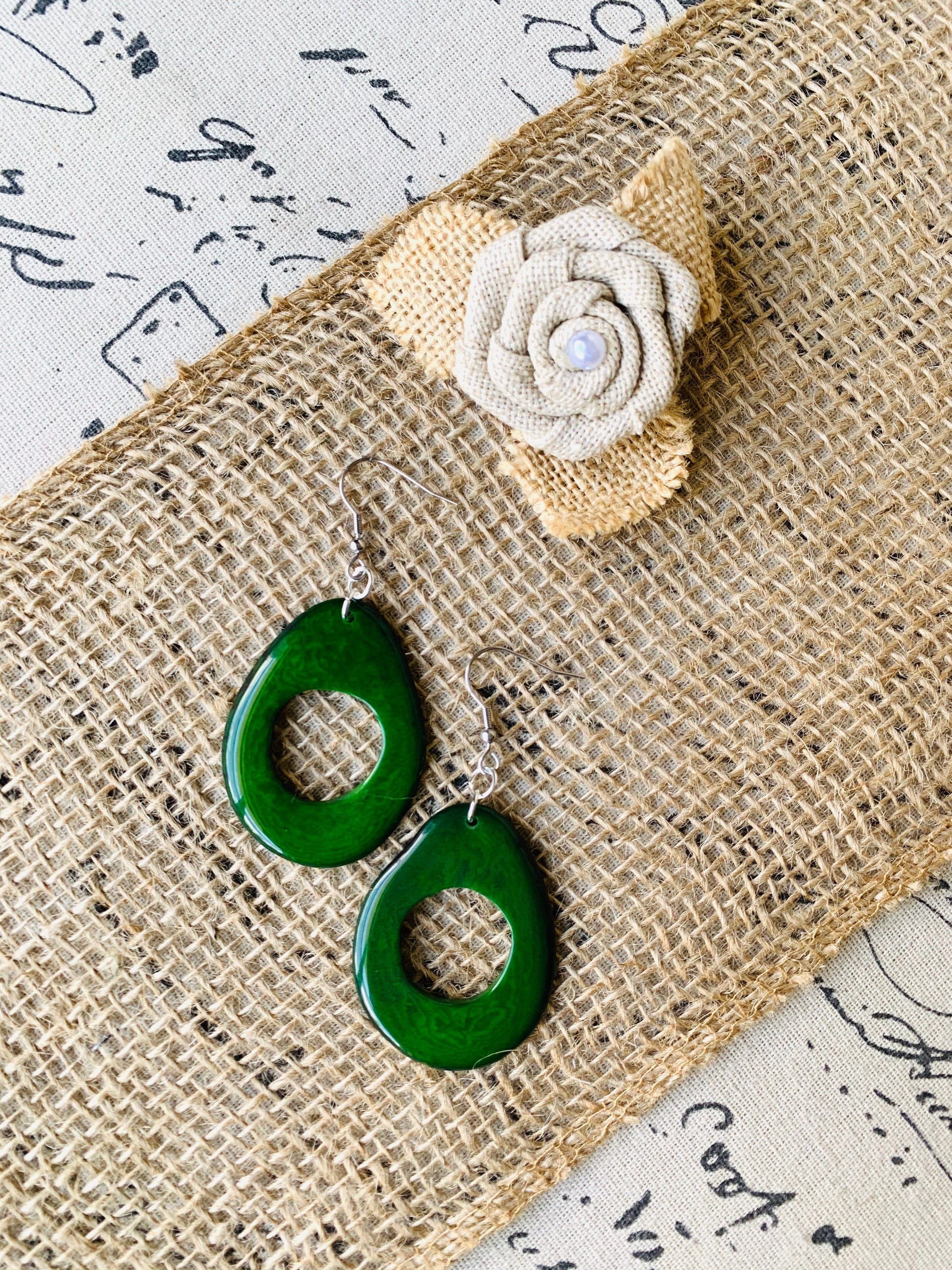 Big dark green earrings Tagua earrings Boho mod earrings Spring trendy jewelry Oversized huge bead earrings Hoop dangles Mother’s Day gifts