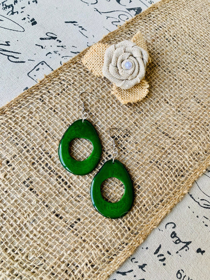 Big dark green earrings Tagua earrings Boho mod earrings Spring trendy jewelry Oversized huge bead earrings Hoop dangles Mother’s Day gifts