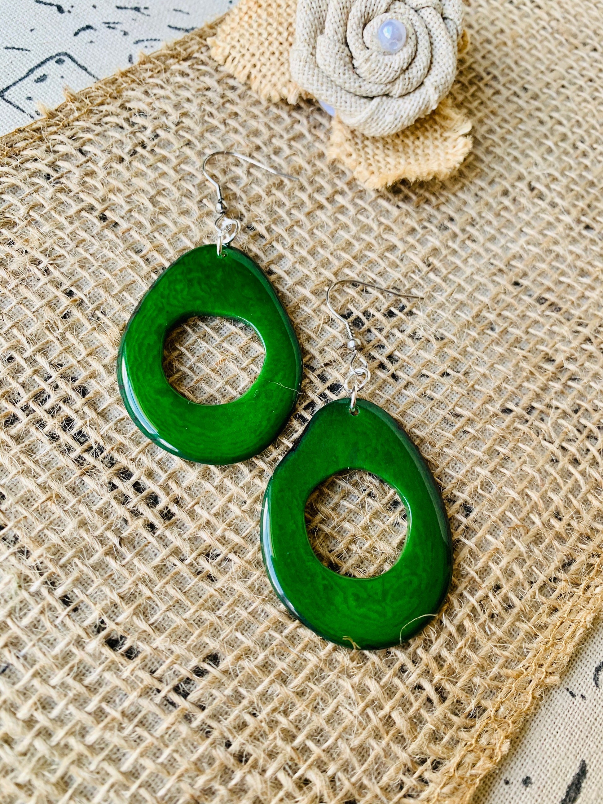 Big dark green earrings Tagua earrings Boho mod earrings Spring trendy jewelry Oversized huge bead earrings Hoop dangles Mother’s Day gifts