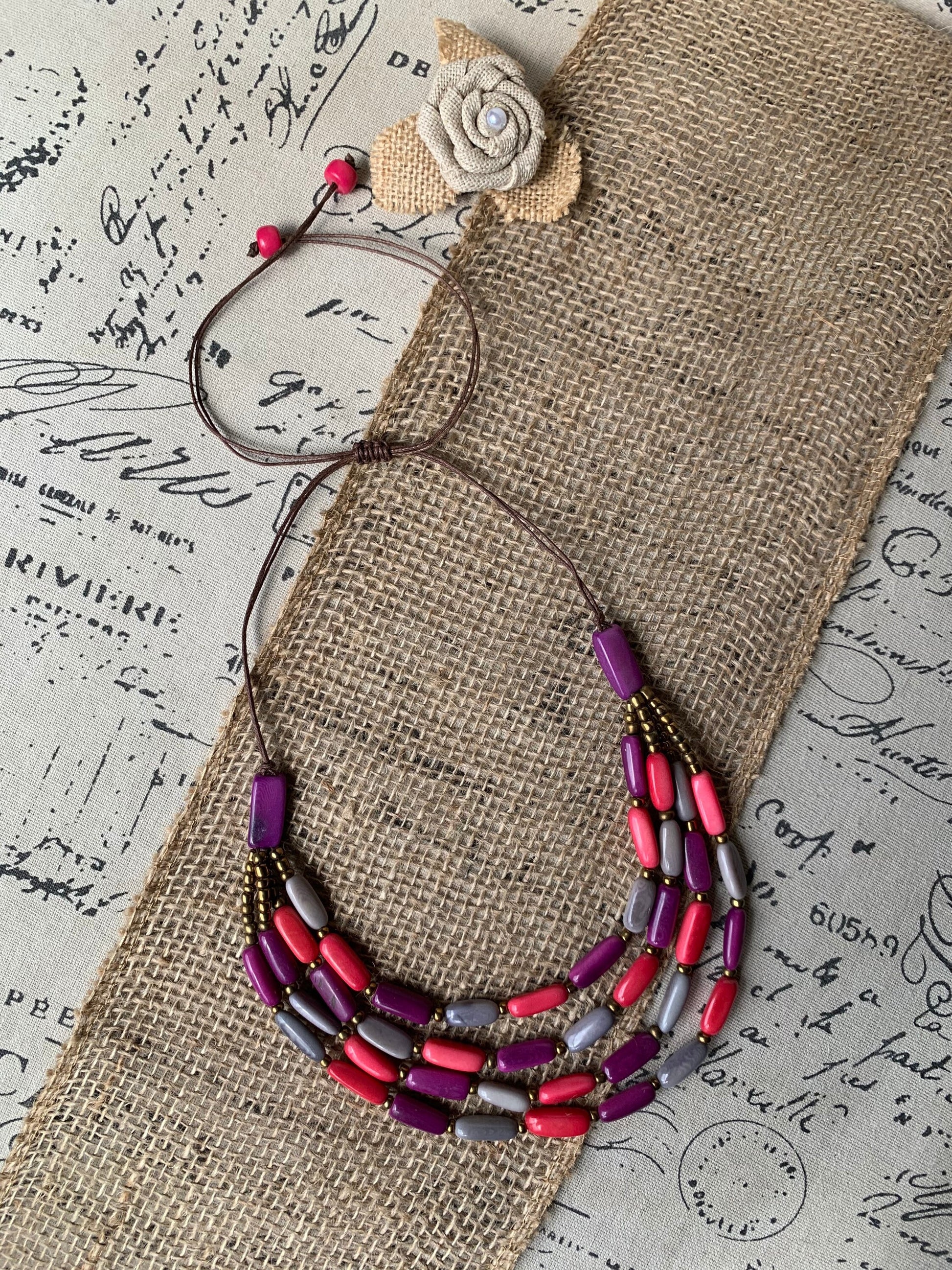 Pink purple and gray Tagua nut necklace 4 Strand necklace Statement beaded collar Anniversary gift for wife Fall fashion Beach style