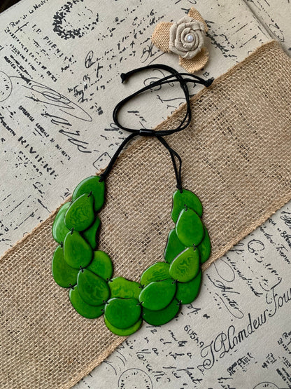 Green multi layer beaded necklace Tagua jewelry Big bold chunky necklace Triple 3 strands bib collar Fall fashion style Christmas gifts