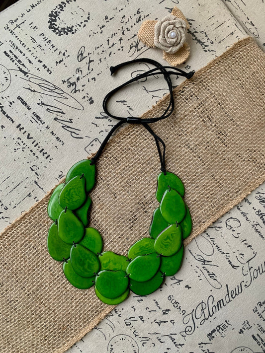 Green multi layer beaded necklace Tagua jewelry Big bold chunky necklace Triple 3 strands bib collar Fall fashion style Christmas gifts