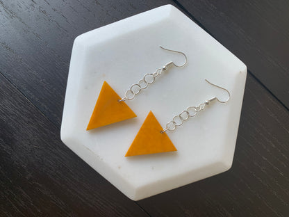 Mustard yellow Tagua earrings Big dangle earrings Fall fashion trend Mod boho drops Extra long earrings Triangle geometric Beach fashion