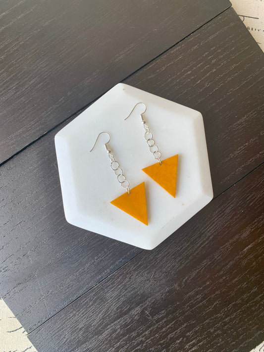 Mustard yellow Tagua earrings Big dangle earrings Fall fashion trend Mod boho drops Extra long earrings Triangle geometric Beach fashion