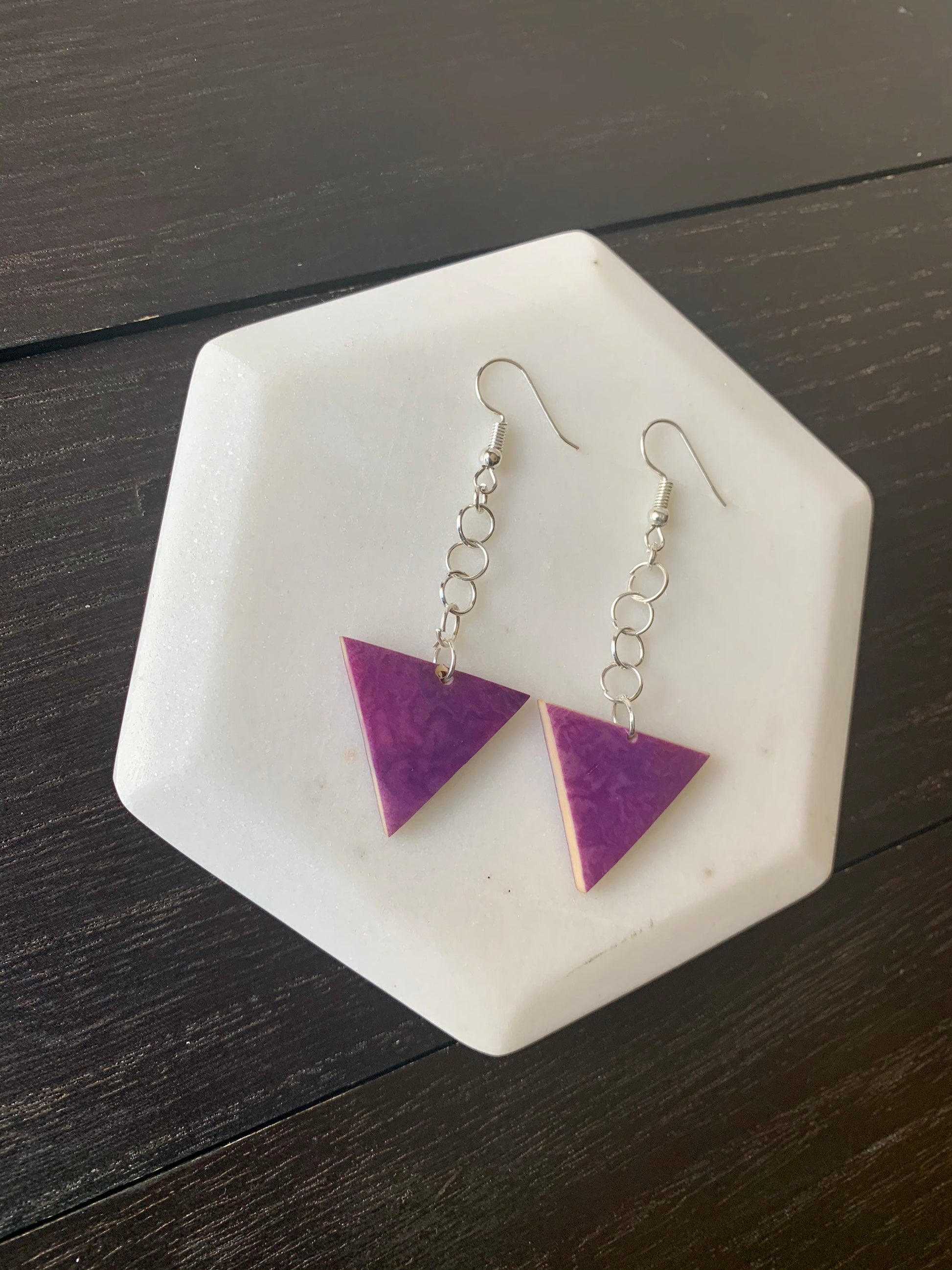 Purple triangle Tagua earrings Big dangle earrings Mod boho drops Extra long earrings Geometric Spring style Gift ideas for her Easter gifts
