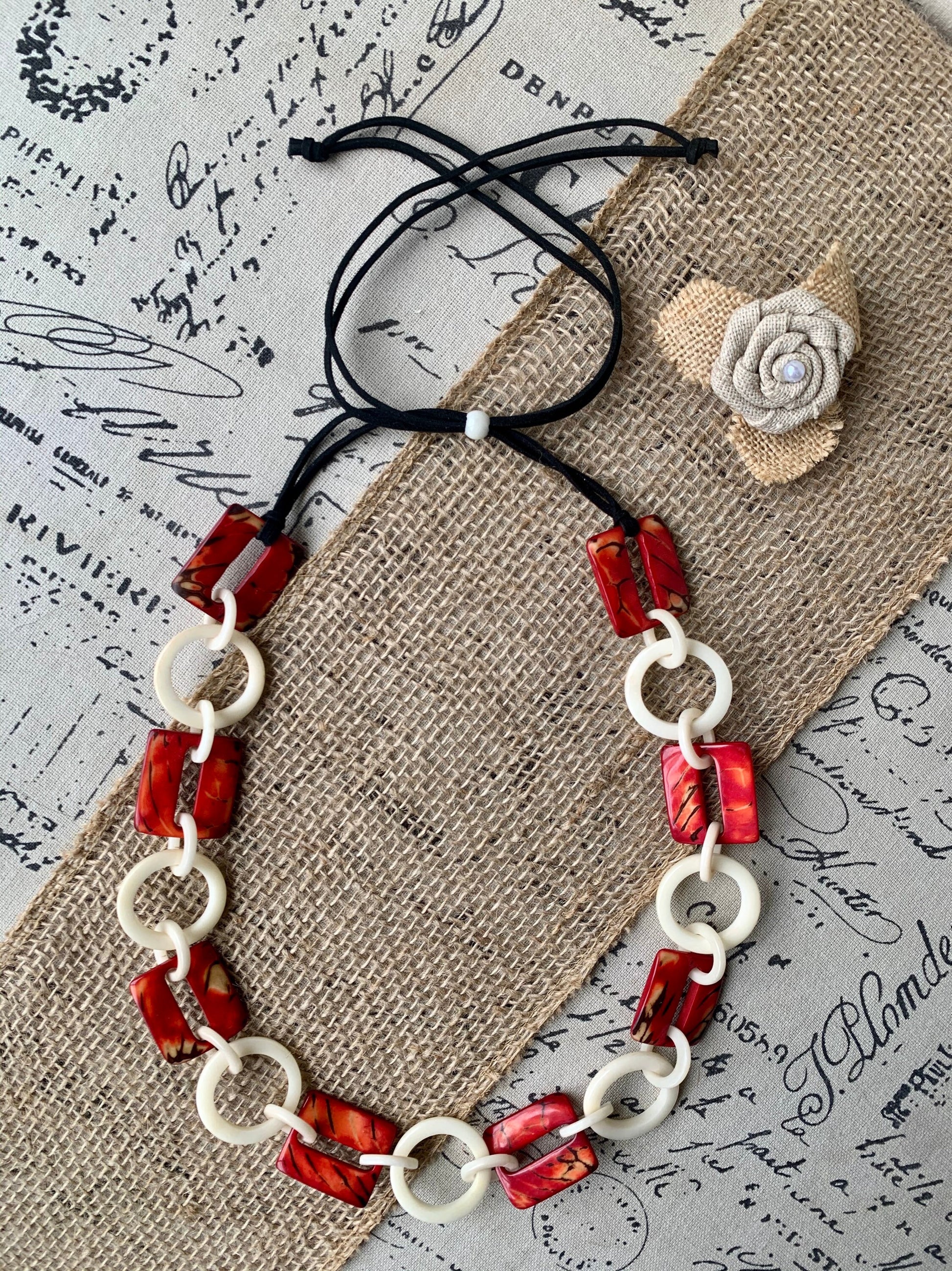 Red and white fashion Tagua necklace Extra long adjustable beaded necklace 14 Anniversary gift for wife Statement geometric jewelry Organic