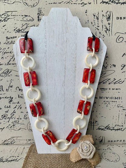 Red and white fashion Tagua necklace Extra long adjustable beaded necklace 14 Anniversary gift for wife Statement geometric jewelry Organic