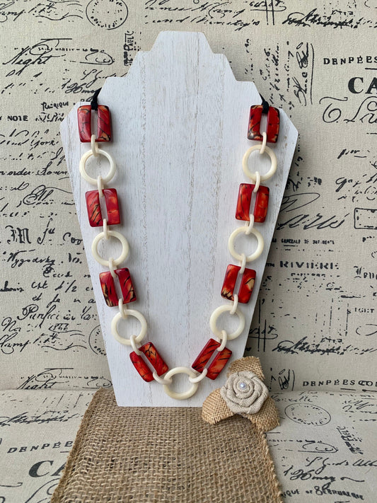 Red and white fashion Tagua necklace Extra long adjustable beaded necklace 14 Anniversary gift for wife Statement geometric jewelry Organic