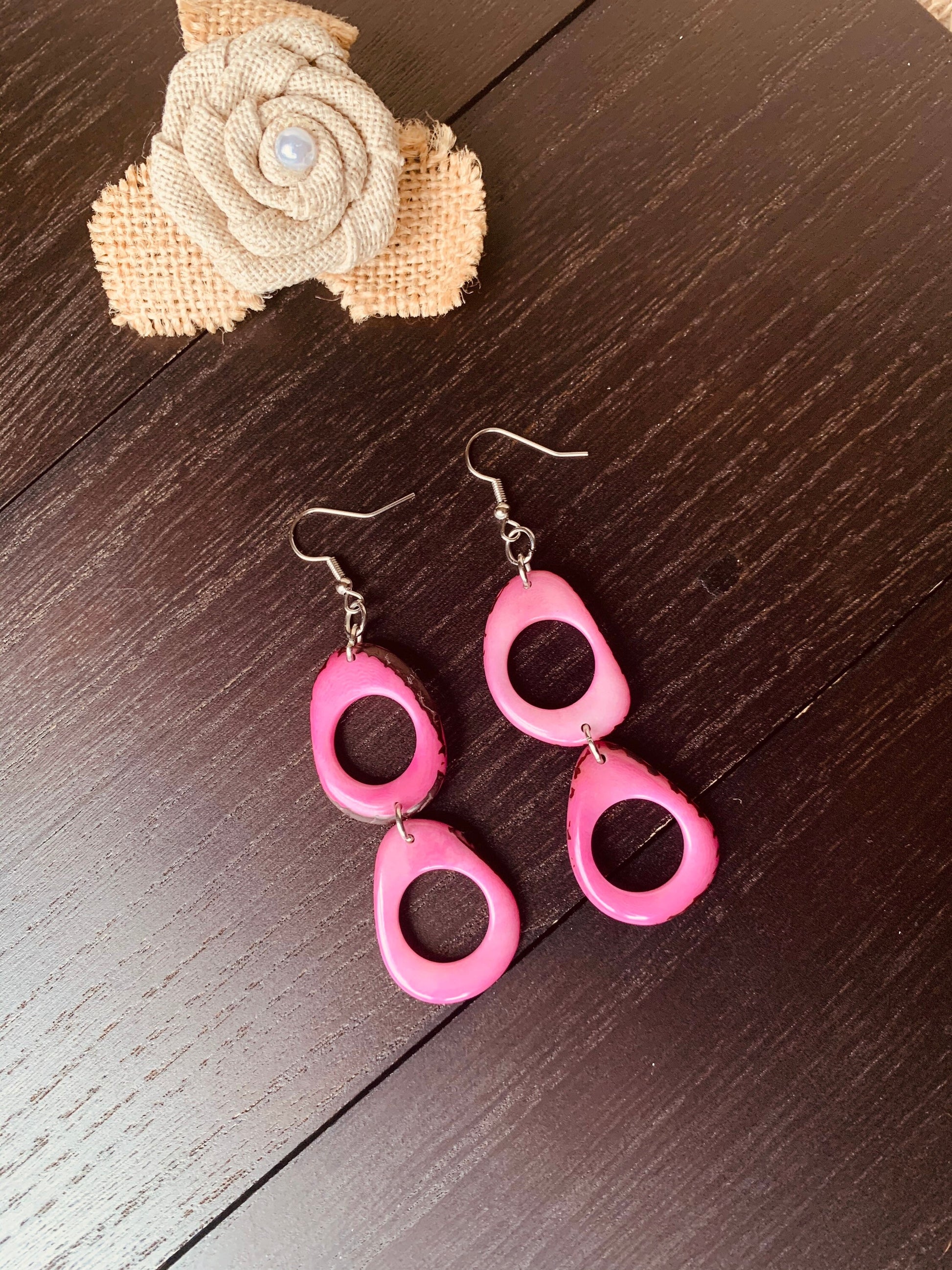 Pink extra long dangle fashion earrings Tagua jewelry Statement drops Boho mod hoops Fall fashion trends Beach style Christmas stockings