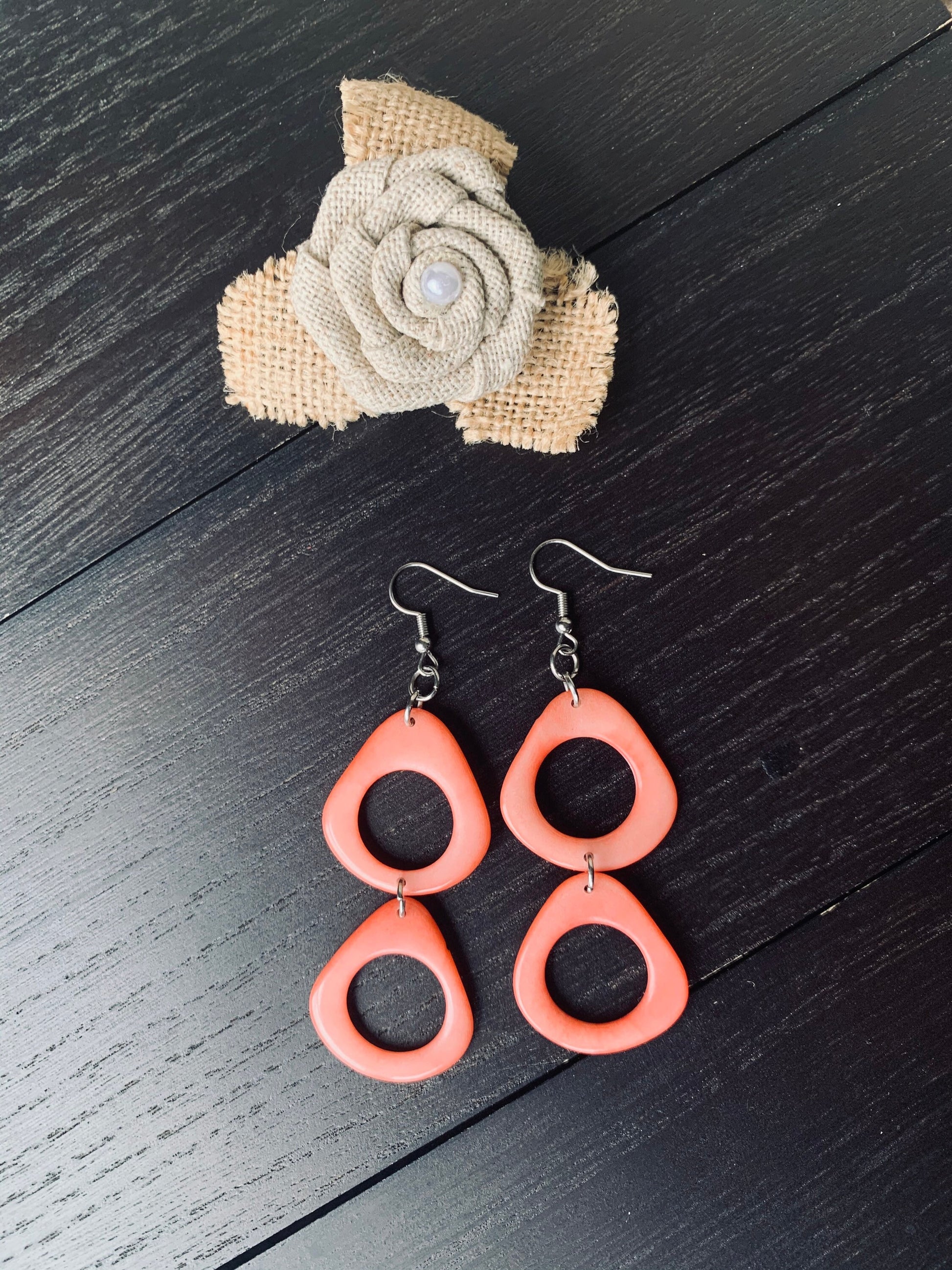 Peach extra long dangle fashion earrings Tagua nut jewelry Statement drops Boho mod hoops Anniversary gifts for wife Summer fashion trends
