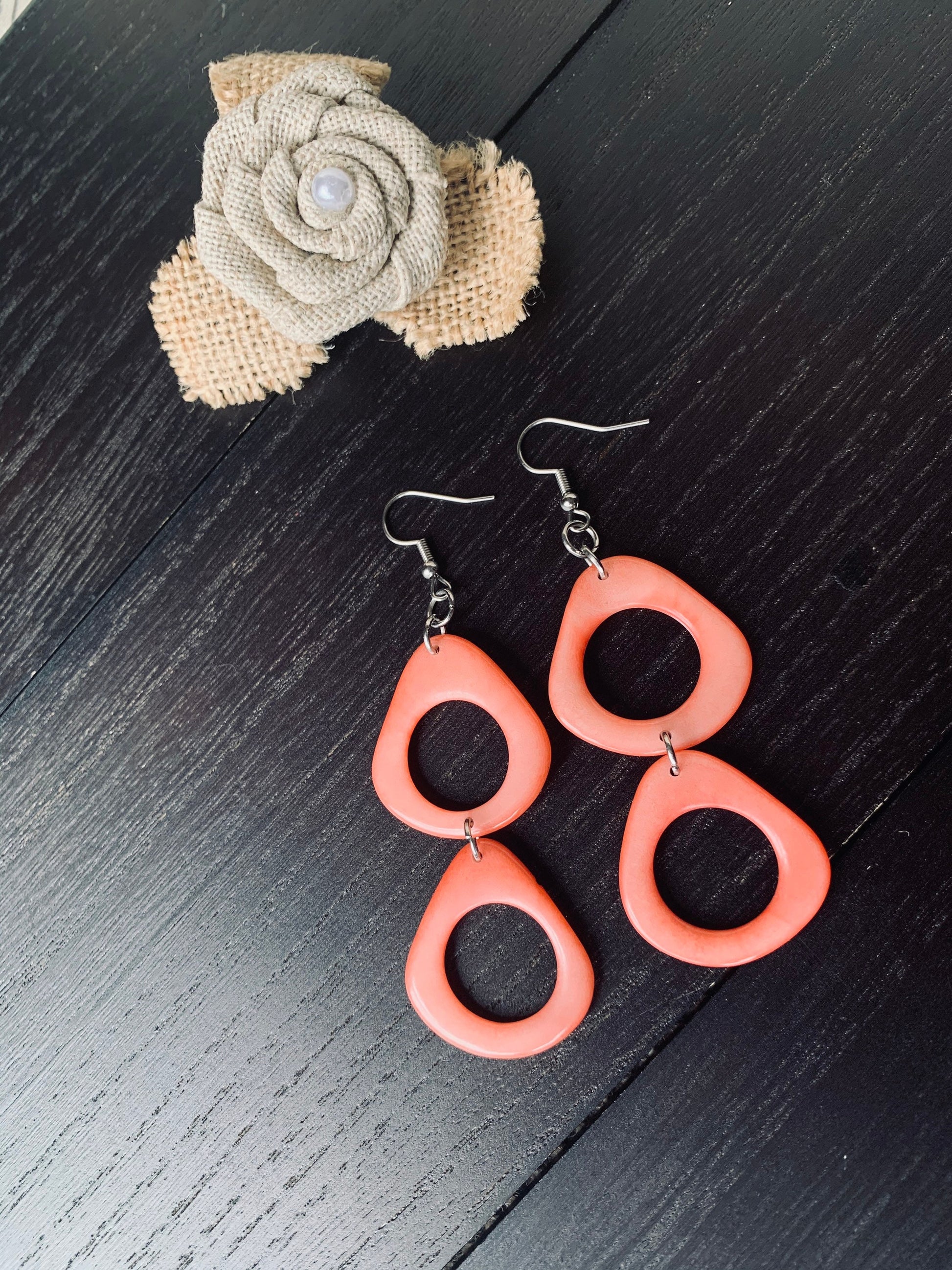 Peach extra long dangle fashion earrings Tagua nut jewelry Statement drops Boho mod hoops Anniversary gifts for wife Summer fashion trends