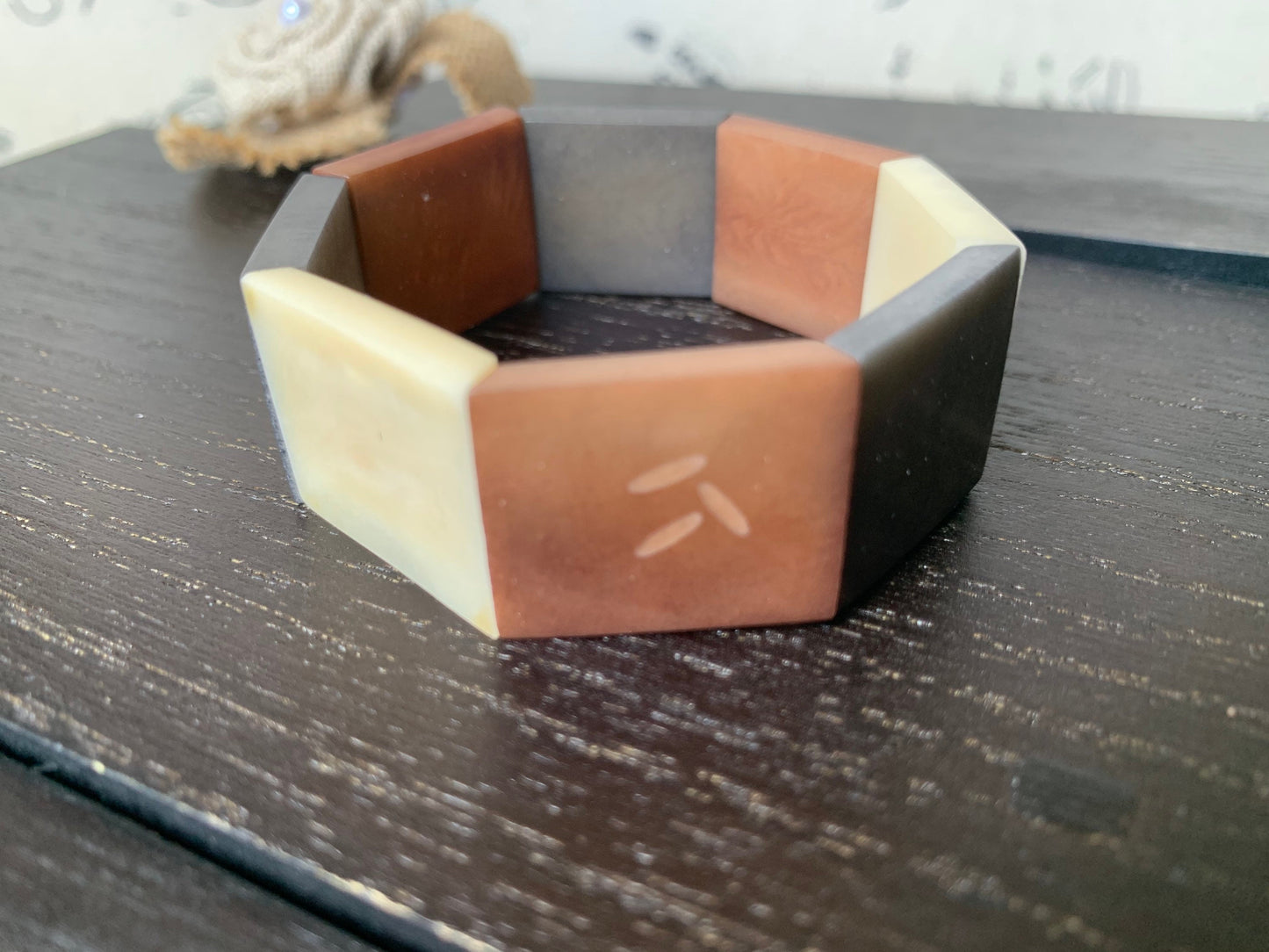 Brown White Ivory and Gray Modern Geometric Bracelet Tagua nut jewelry Spring fashion trends 14 Anniversary gifts for wife Statement beaded