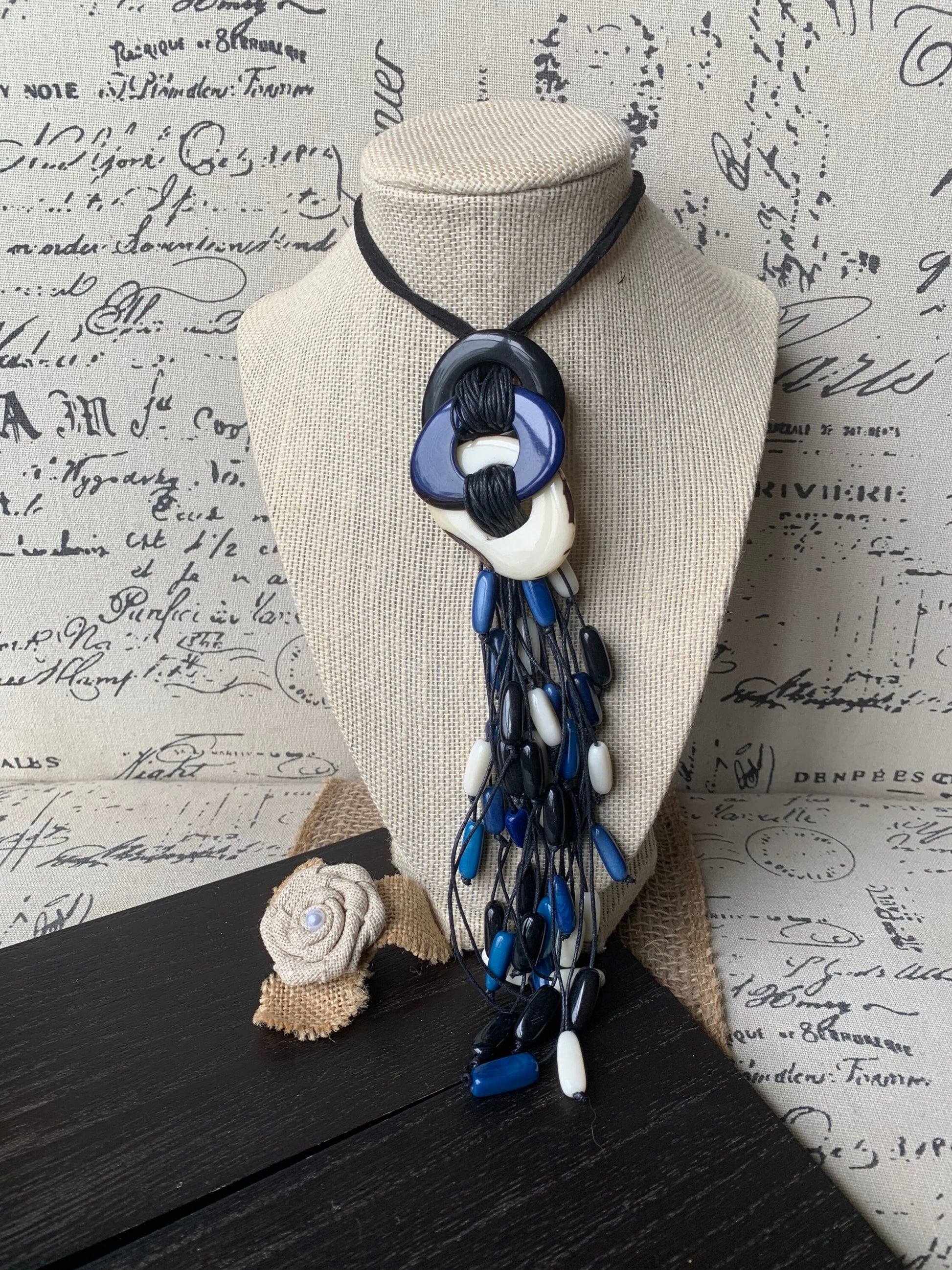 White blue and black statement necklace Boho jewelry Tagua necklace Macrame fringe necklace Spring fashion trend Boho Extra long adjustable
