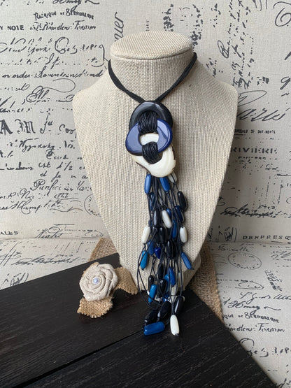 White blue and black statement necklace Boho jewelry Tagua necklace Macrame fringe necklace Spring fashion trend Boho Extra long adjustable