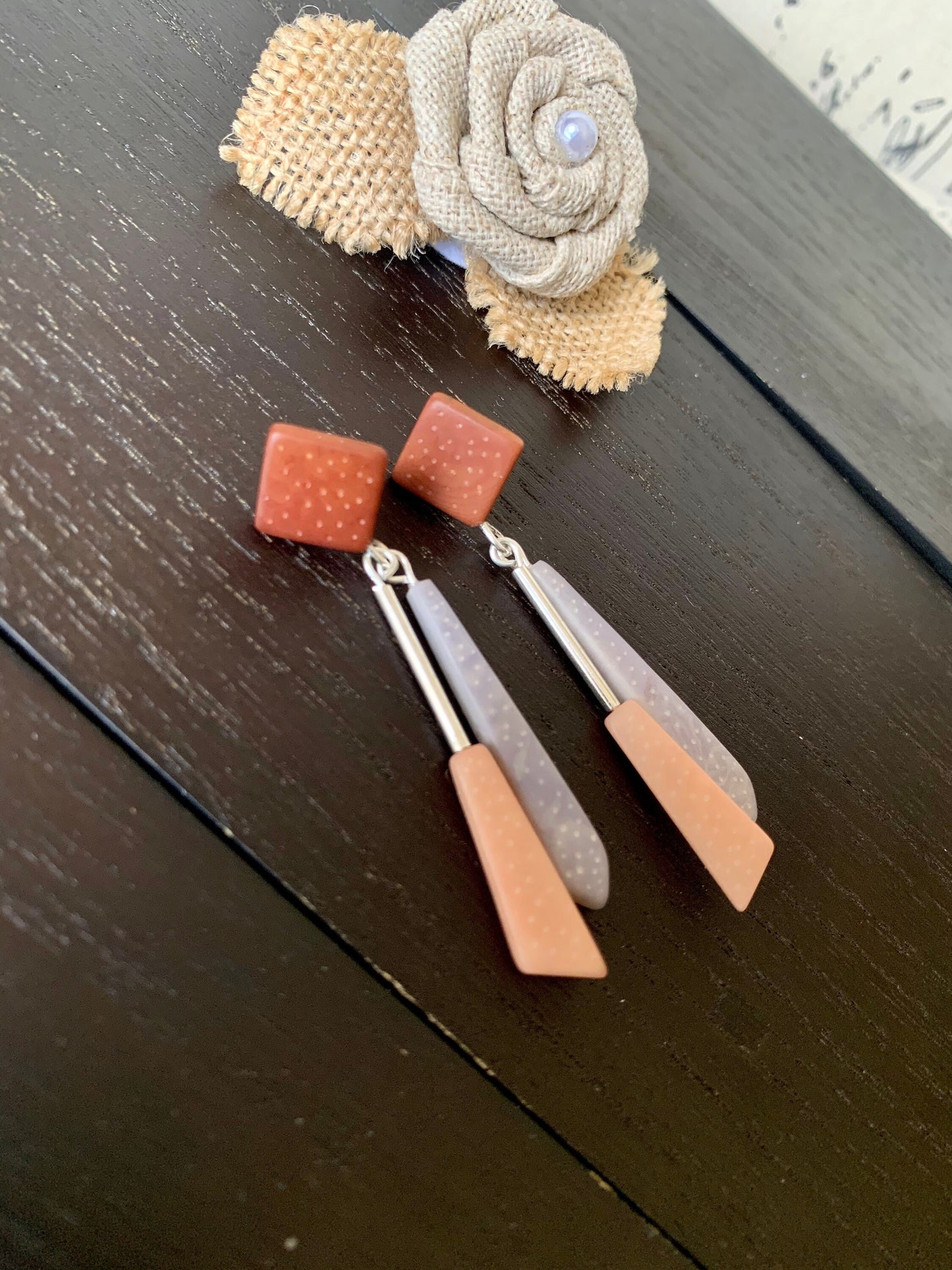 Long modern dangle earrings Geometric drops Tagua nut jewelry Brown peach and gray earrings Christmas gifts Anniversary present for wife