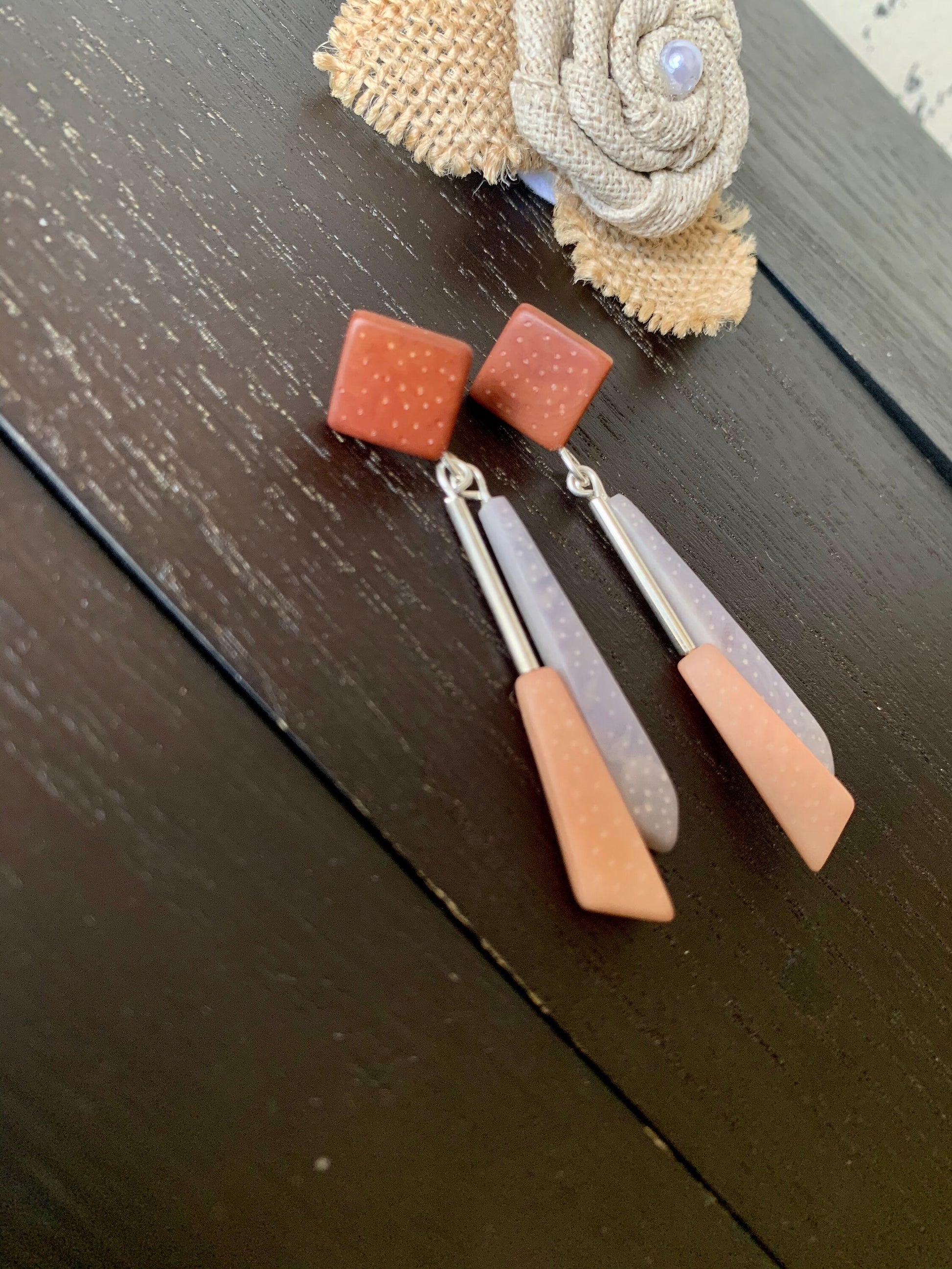Long modern dangle earrings Geometric drops Tagua nut jewelry Brown peach and gray earrings Christmas gifts Anniversary present for wife