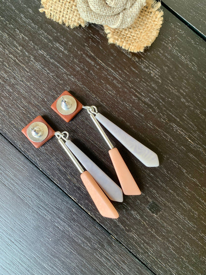 Long modern dangle earrings Geometric drops Tagua nut jewelry Brown peach and gray earrings Christmas gifts Anniversary present for wife