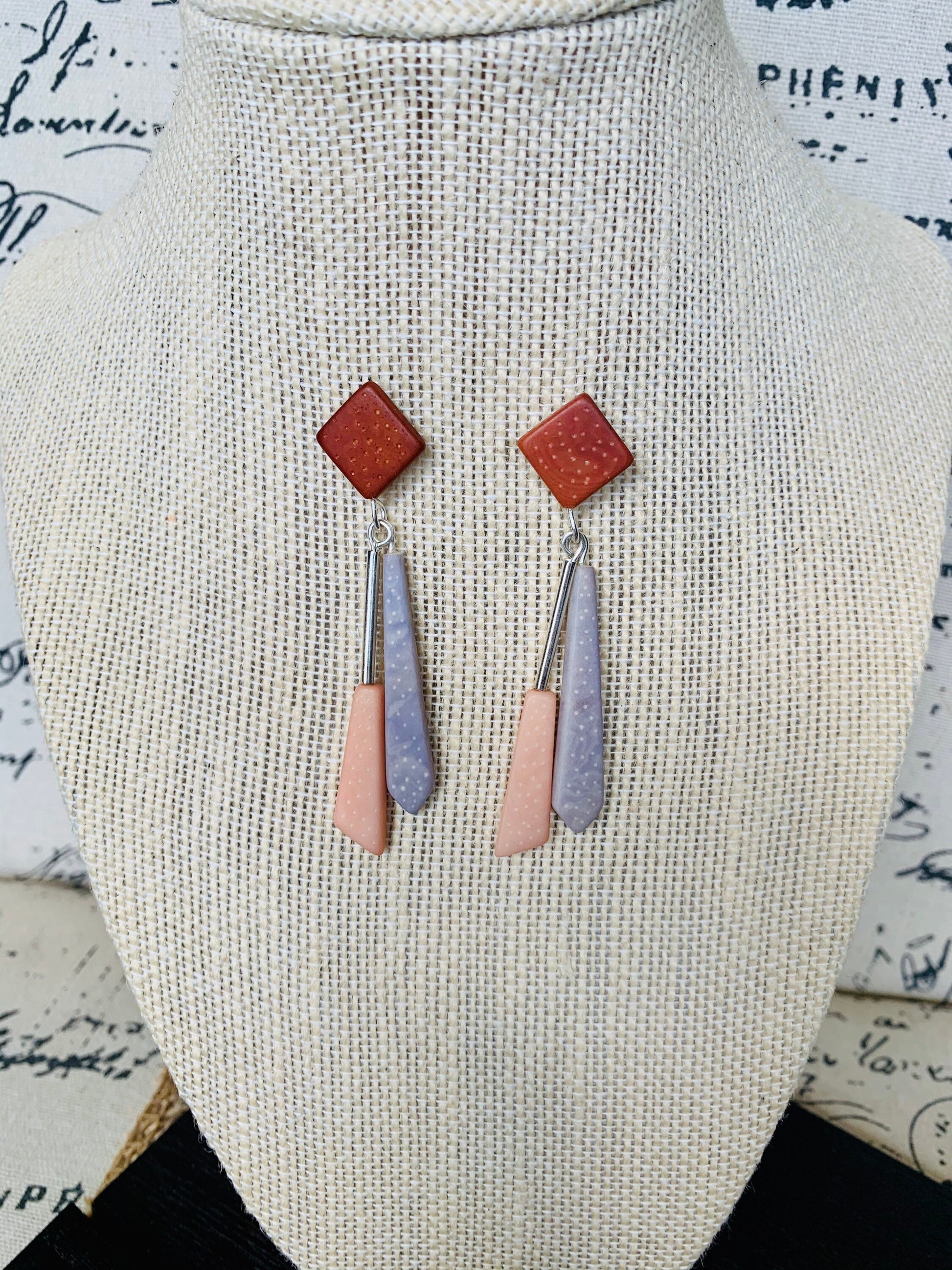 Long modern dangle earrings Geometric drops Tagua nut jewelry Brown peach and gray earrings Christmas gifts Anniversary present for wife