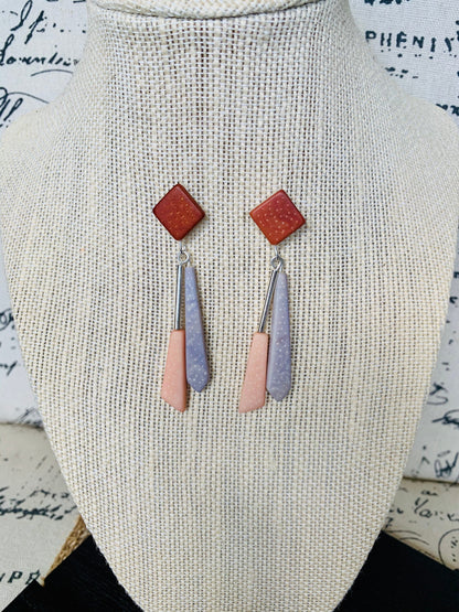 Long modern dangle earrings Geometric drops Tagua nut jewelry Brown peach and gray earrings Christmas gifts Anniversary present for wife