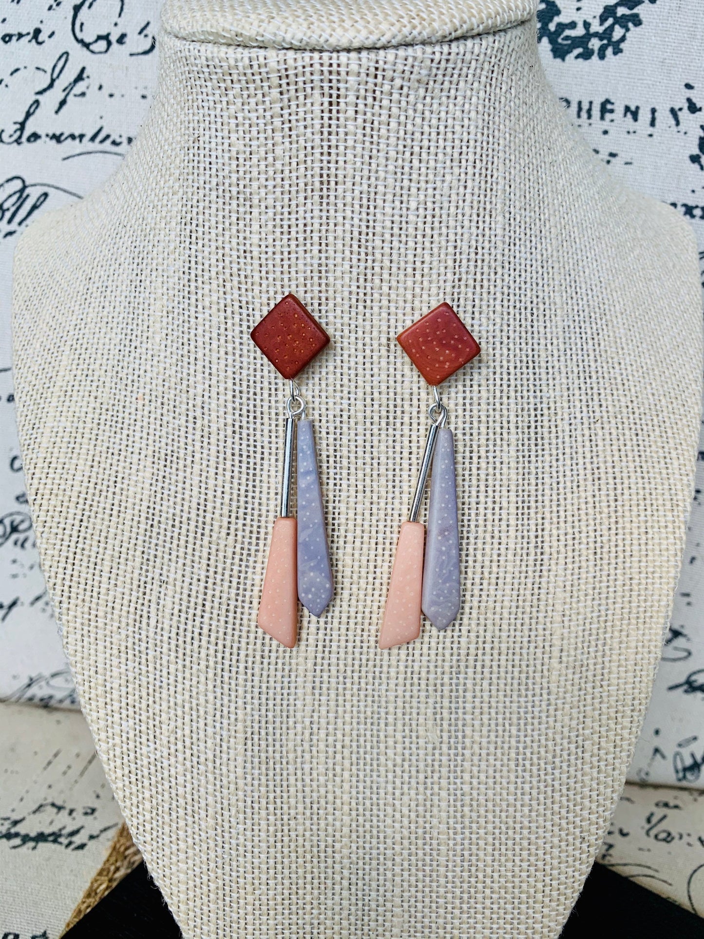 Long modern dangle earrings Geometric drops Tagua nut jewelry Brown peach and gray earrings Christmas gifts Anniversary present for wife