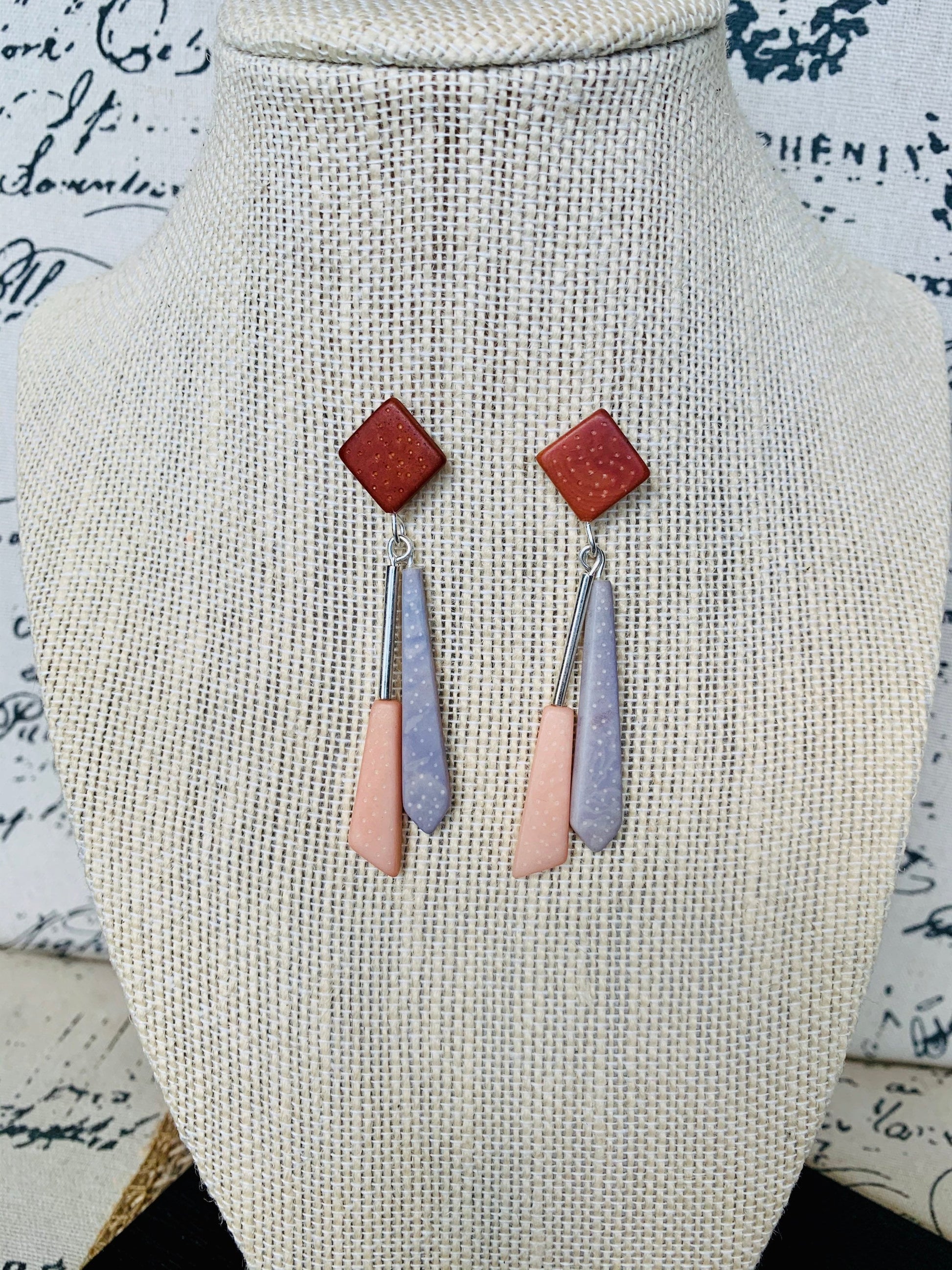 Long modern dangle earrings Geometric drops Tagua nut jewelry Brown peach and gray earrings Christmas gifts Anniversary present for wife