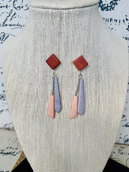 Long modern dangle earrings Geometric drops Tagua nut jewelry Brown peach and gray earrings Christmas gifts Anniversary present for wife